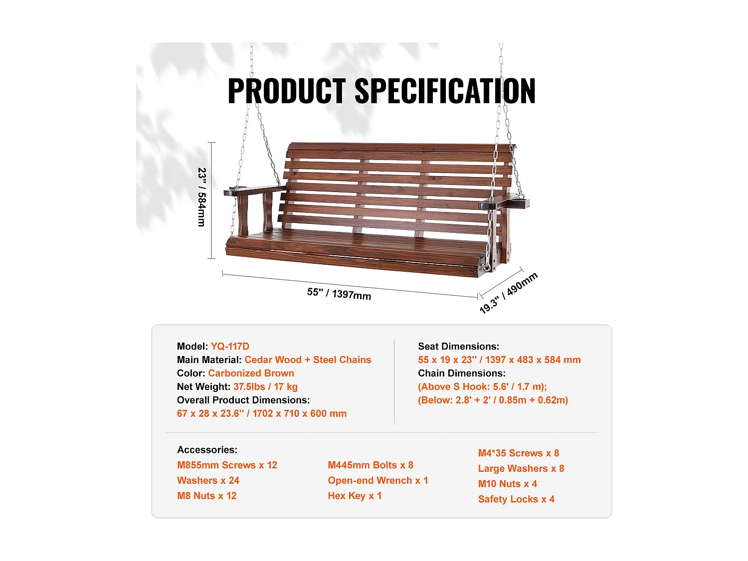 Houten Hangende Verandaschommel voor Tuinpatio SucceBuy 165.1 cm, bruin