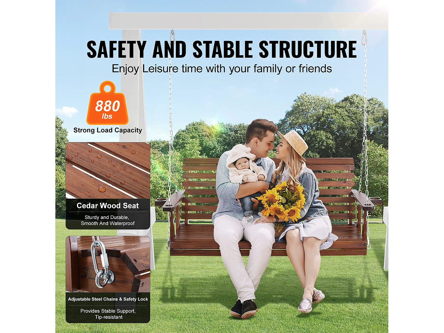 Houten Hangende Verandaschommel voor Tuinpatio SucceBuy 165.1 cm, bruin