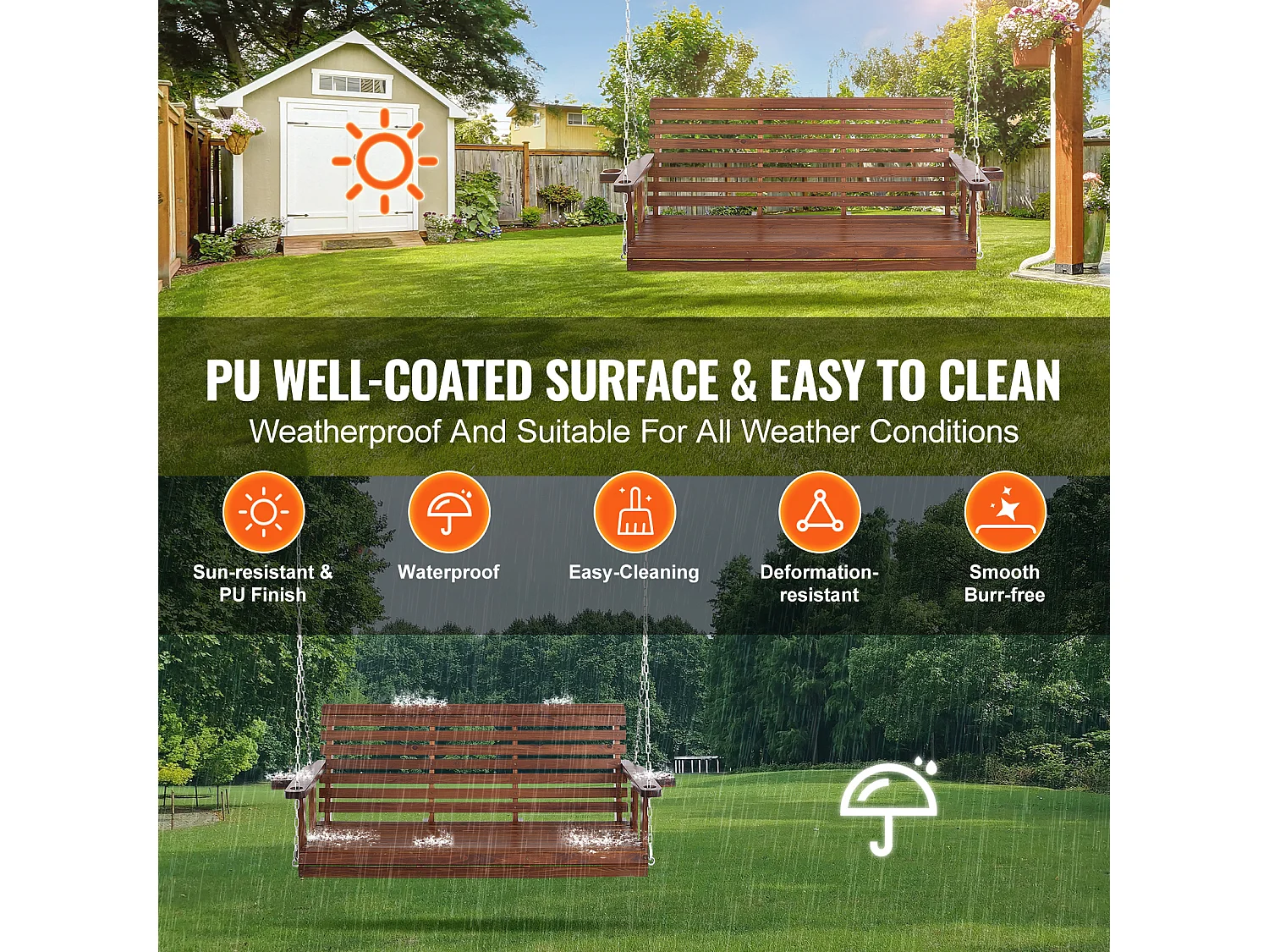 Houten Hangende Verandaschommel voor Tuinpatio SucceBuy 165.1 cm, bruin