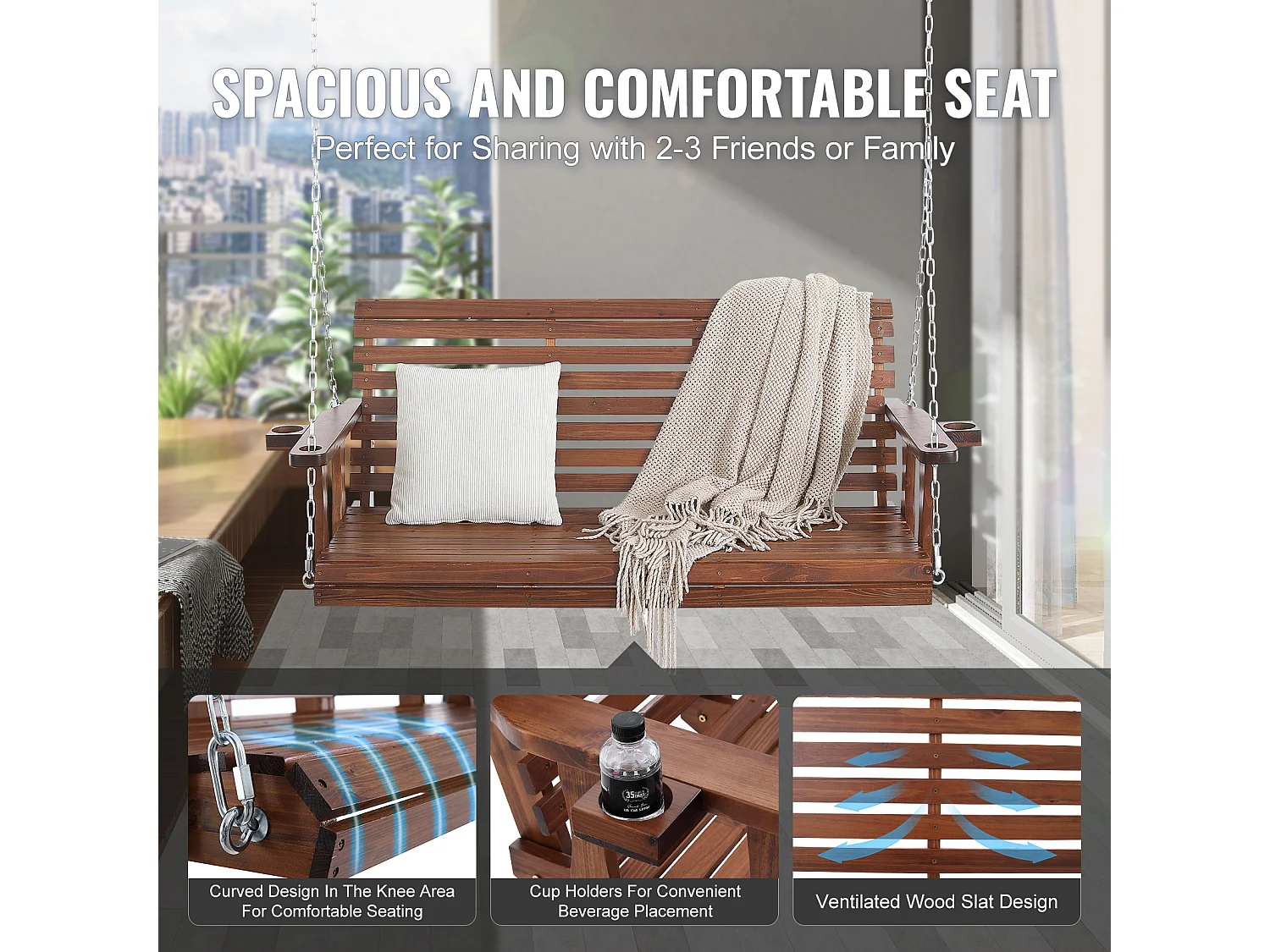 Balançoire de Porche SucceBuy de 165.1 cm en Bois à Suspendre pour Jardin, Terrasse, Marron