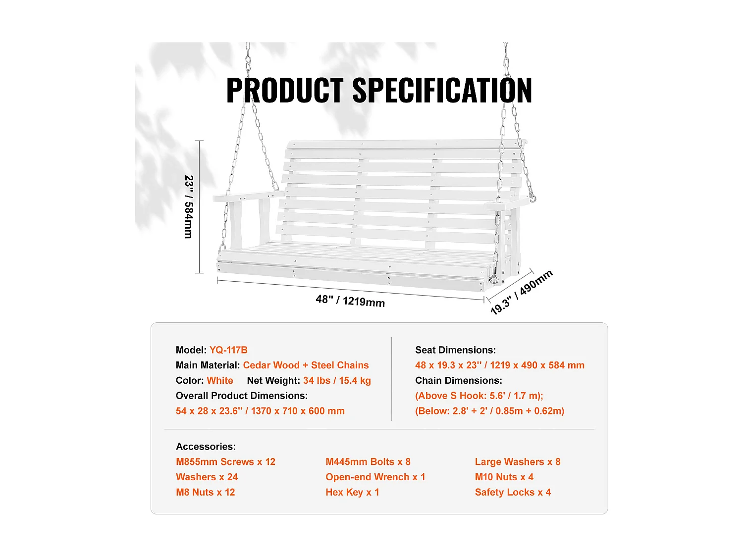 Houten Hangende Verandaschommel voor Tuinpatio SucceBuy 137,2 Cm, Wit
