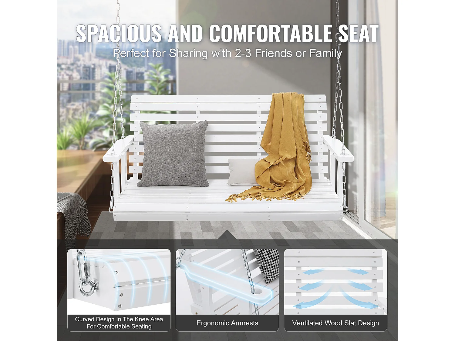 Houten Hangende Verandaschommel voor Tuinpatio SucceBuy 137,2 Cm, Wit