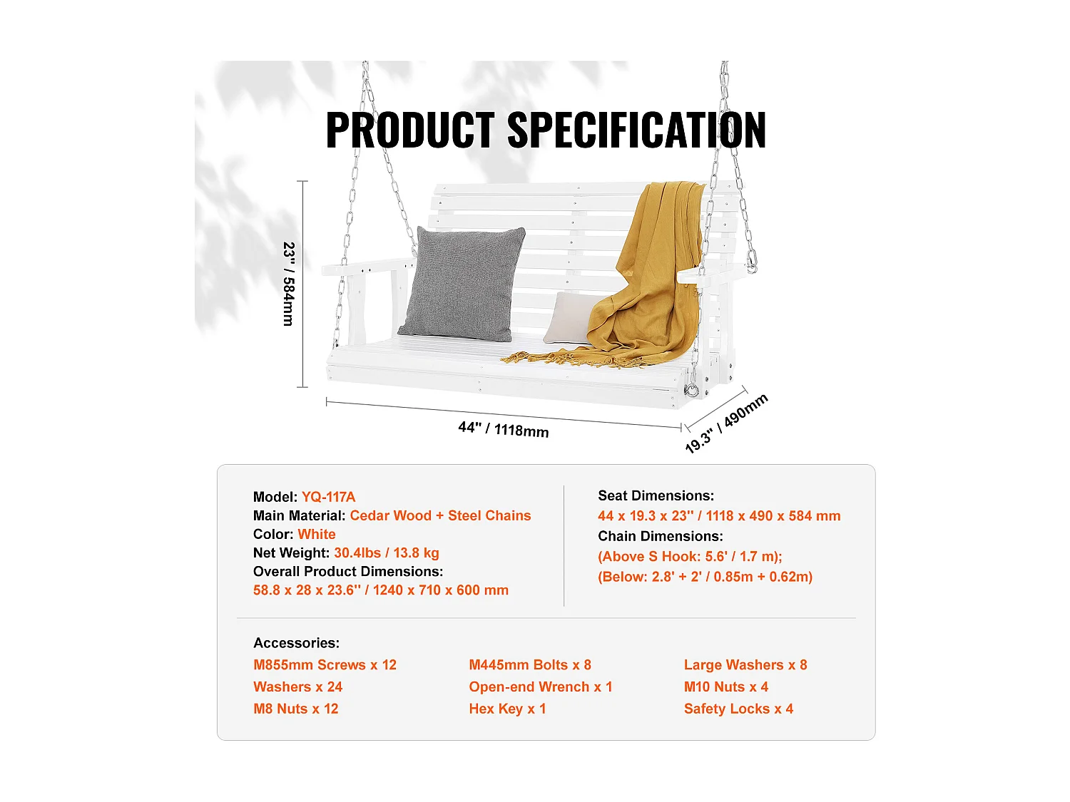 Holzschaukel für die Veranda 122cm SucceBuy, Robuste Bank, 399kg Tragkraft, Weiß
