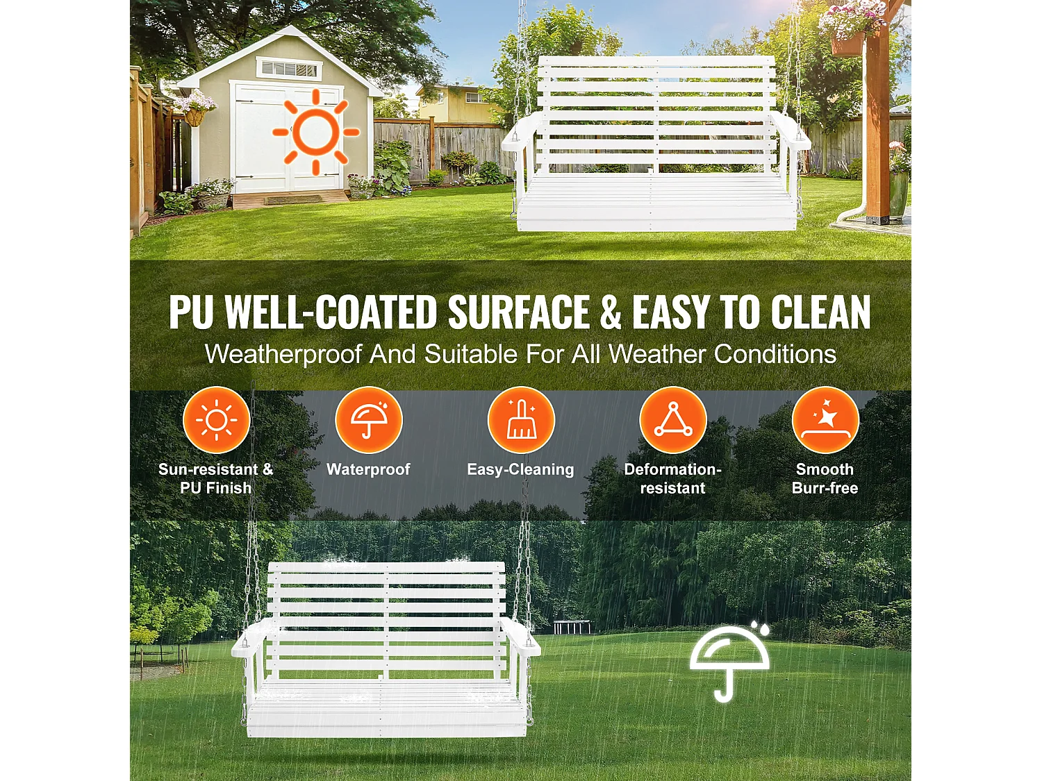 Balançoire de Porche en Bois SucceBuy de 122cm, Banc Robuste, Capacité de 399kg, Blanc