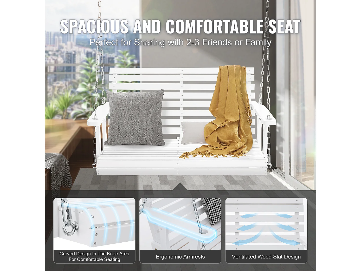 Balançoire de Porche en Bois SucceBuy de 122cm, Banc Robuste, Capacité de 399kg, Blanc