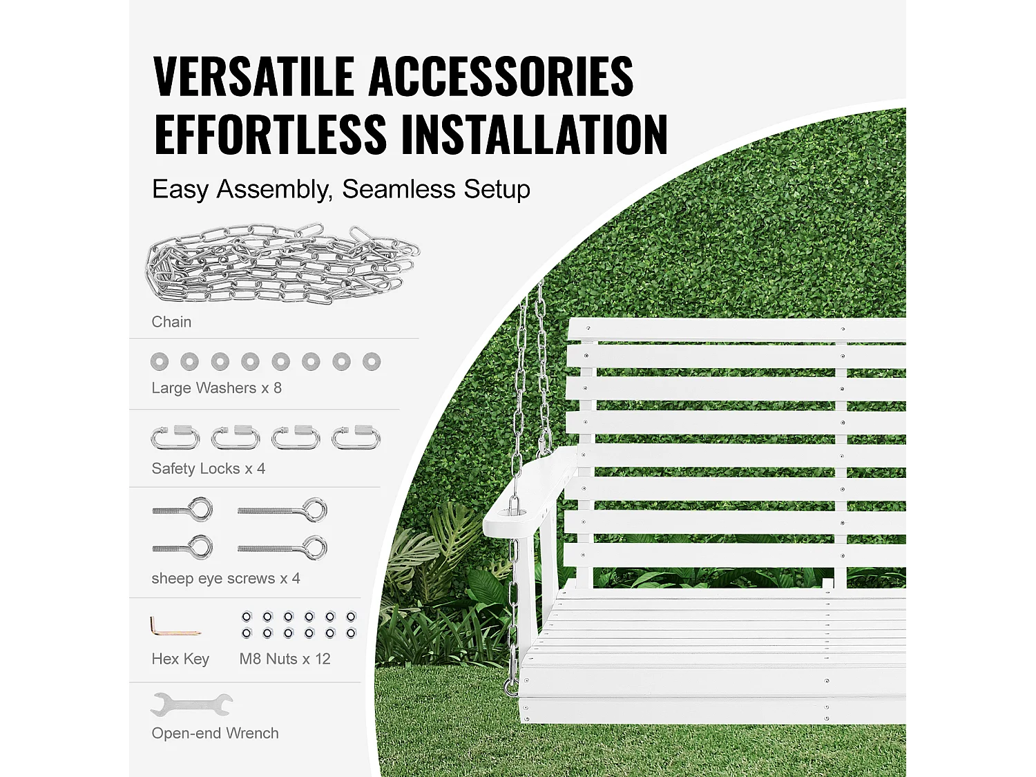 Balançoire de Porche en Bois SucceBuy de 122cm, Banc Robuste, Capacité de 399kg, Blanc