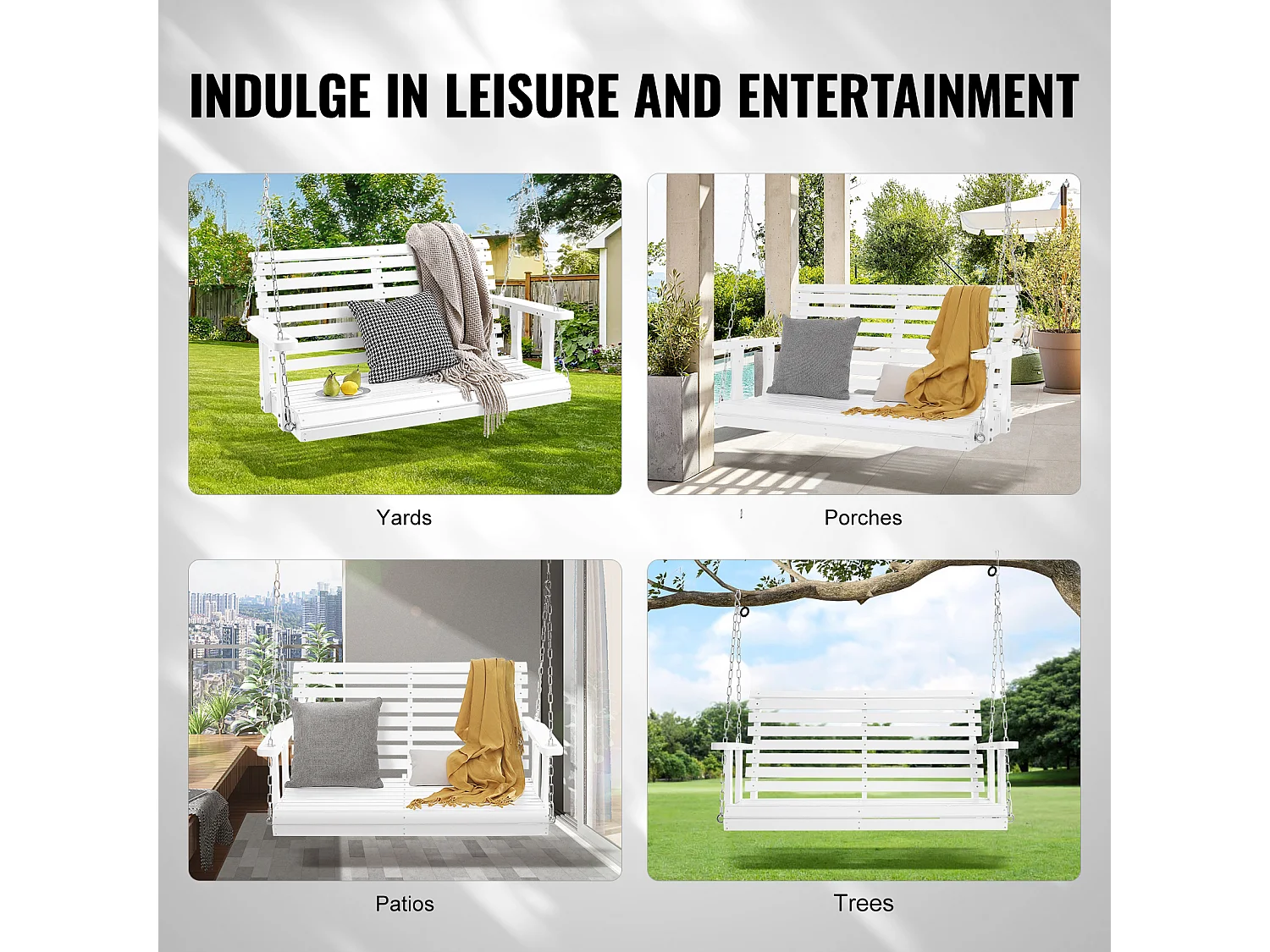 Balançoire de Porche en Bois SucceBuy de 122cm, Banc Robuste, Capacité de 399kg, Blanc