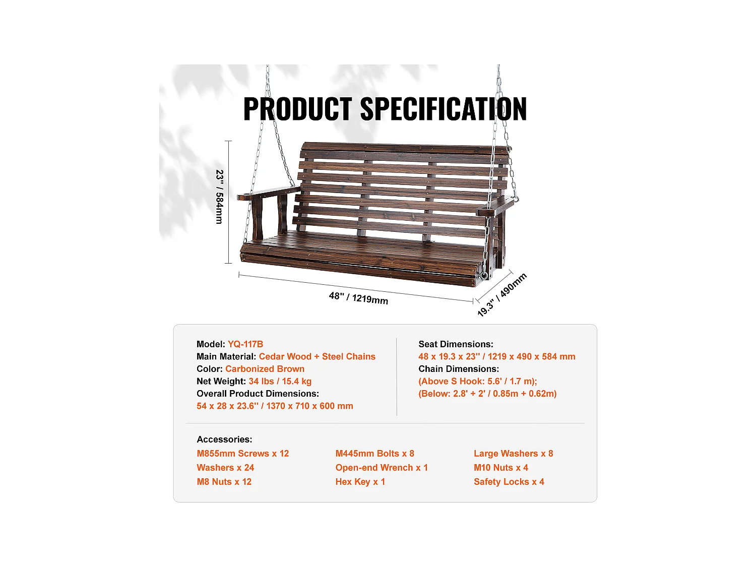 Balançoire de Porche en Bois de 137.2cm SucceBuy, Balançoire de Banc de Jardin, Capacité de Charge Améliorée de 399kg, Marron Carbonisé