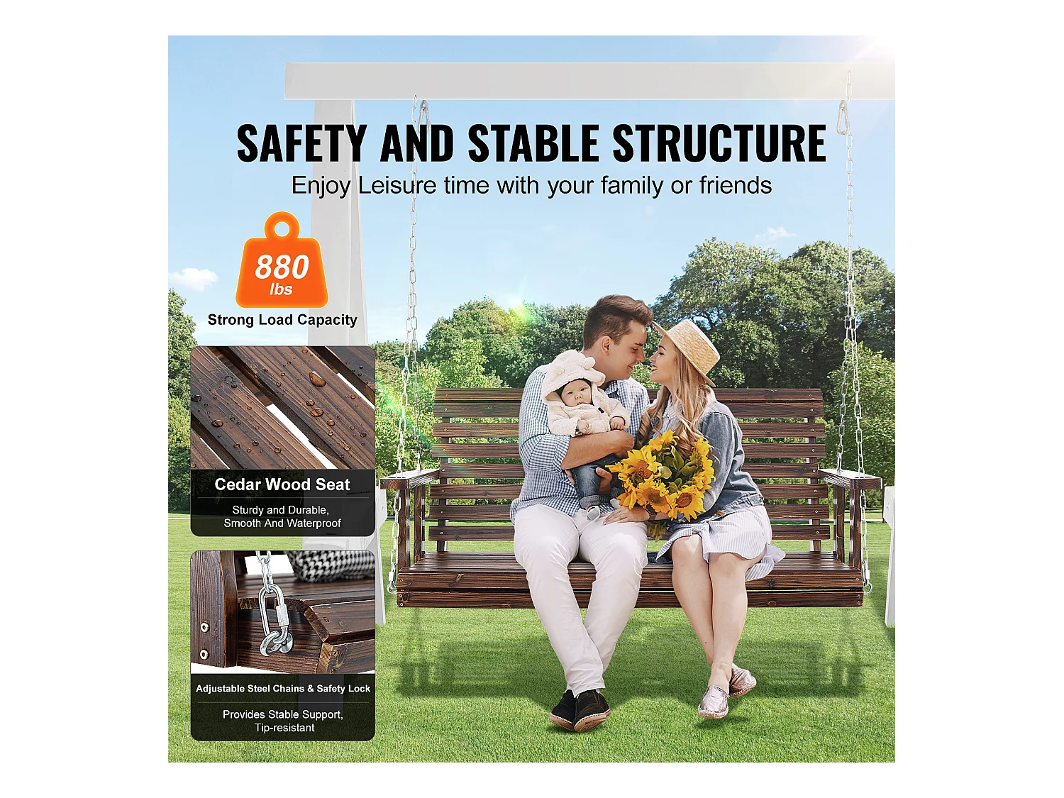 Balançoire de Porche en Bois de 137.2cm SucceBuy, Balançoire de Banc de Jardin, Capacité de Charge Améliorée de 399kg, Marron Carbonisé