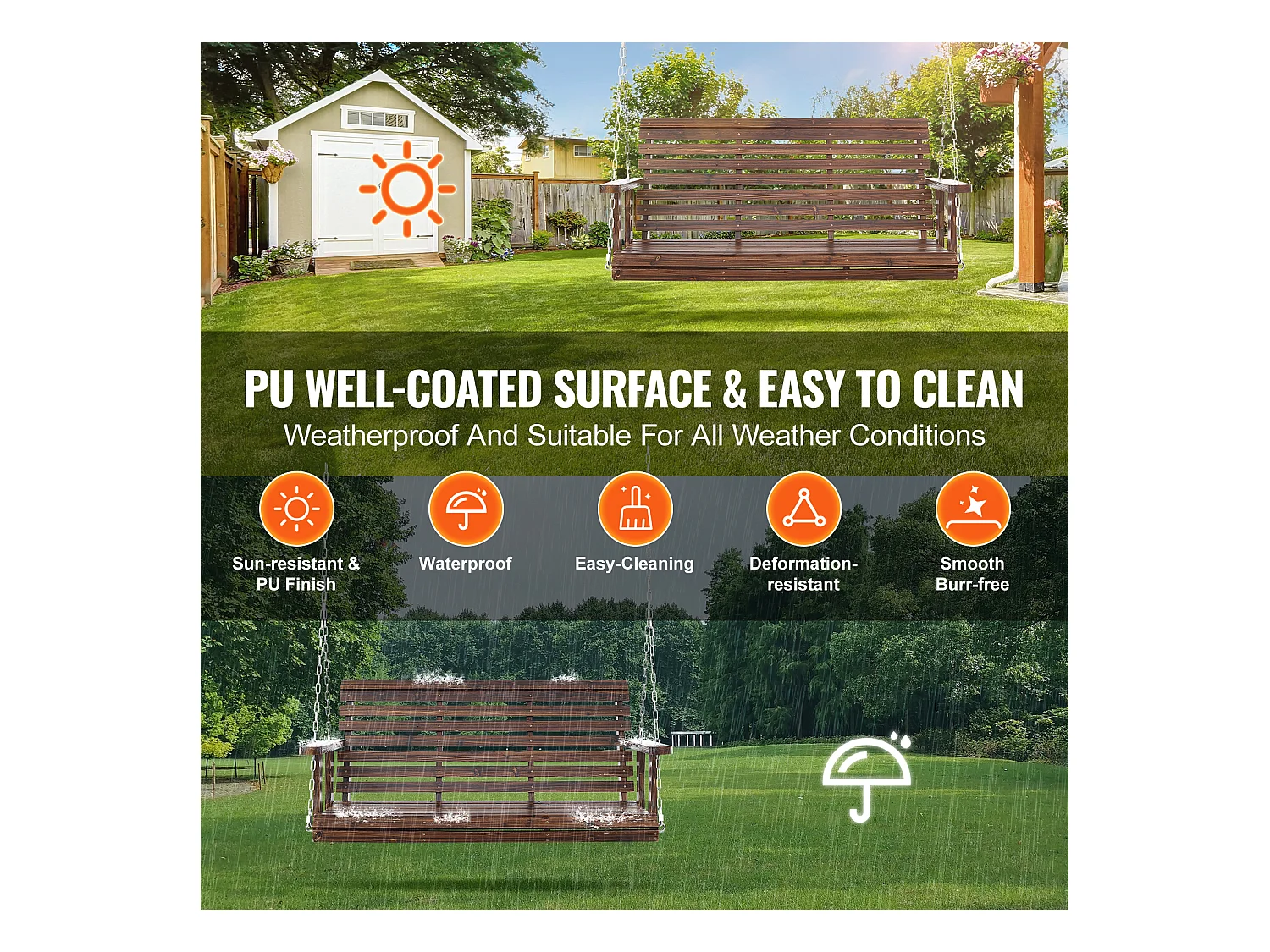 Balançoire de Porche en Bois de 137.2cm SucceBuy, Balançoire de Banc de Jardin, Capacité de Charge Améliorée de 399kg, Marron Carbonisé