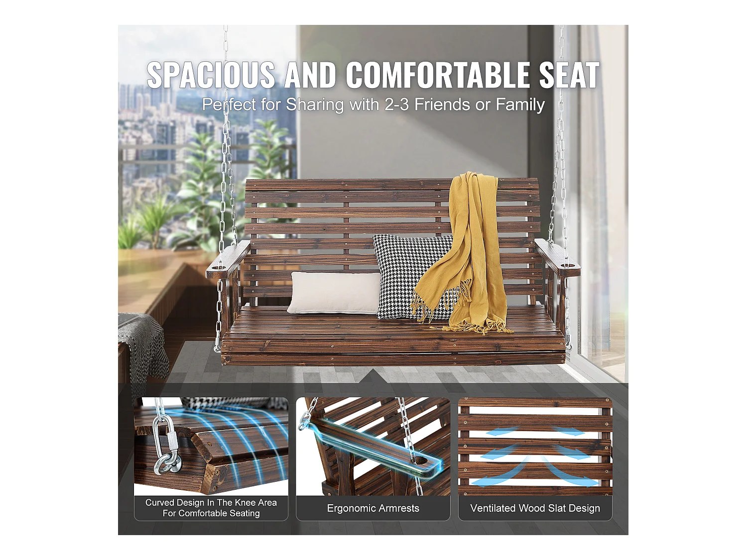 Balançoire de Porche en Bois de 137.2cm SucceBuy, Balançoire de Banc de Jardin, Capacité de Charge Améliorée de 399kg, Marron Carbonisé