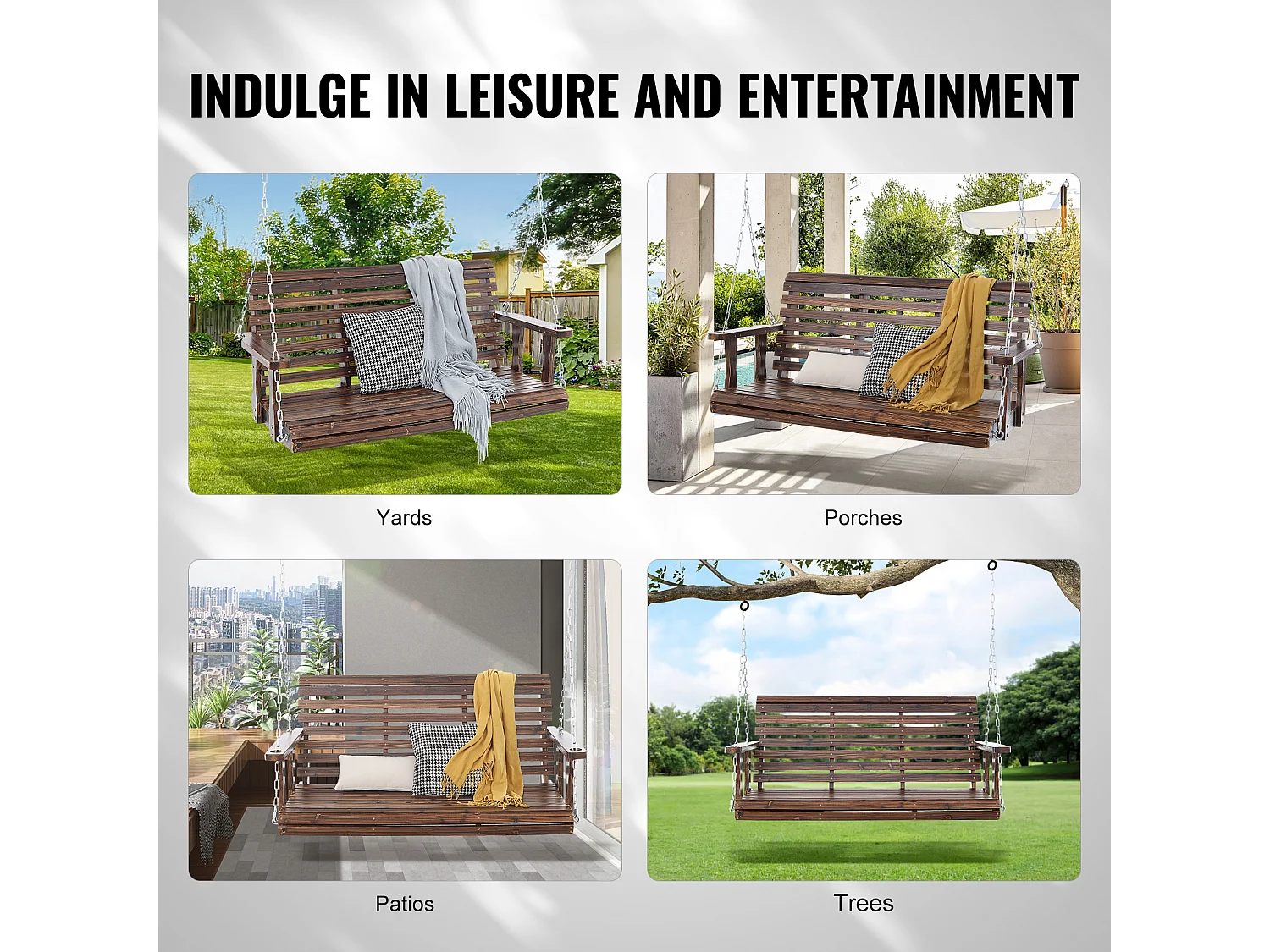 Balançoire de Porche en Bois de 137.2cm SucceBuy, Balançoire de Banc de Jardin, Capacité de Charge Améliorée de 399kg, Marron Carbonisé