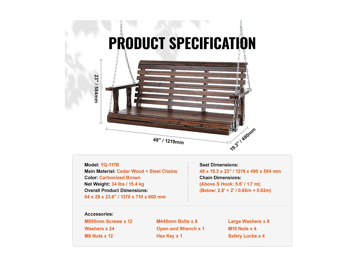 Houten Veranda Schommel SucceBuy 137,2 cm, Tuinbank Schommel, Verbeterd Draagvermogen van 399 kg, Gecarboniseerd Bruin