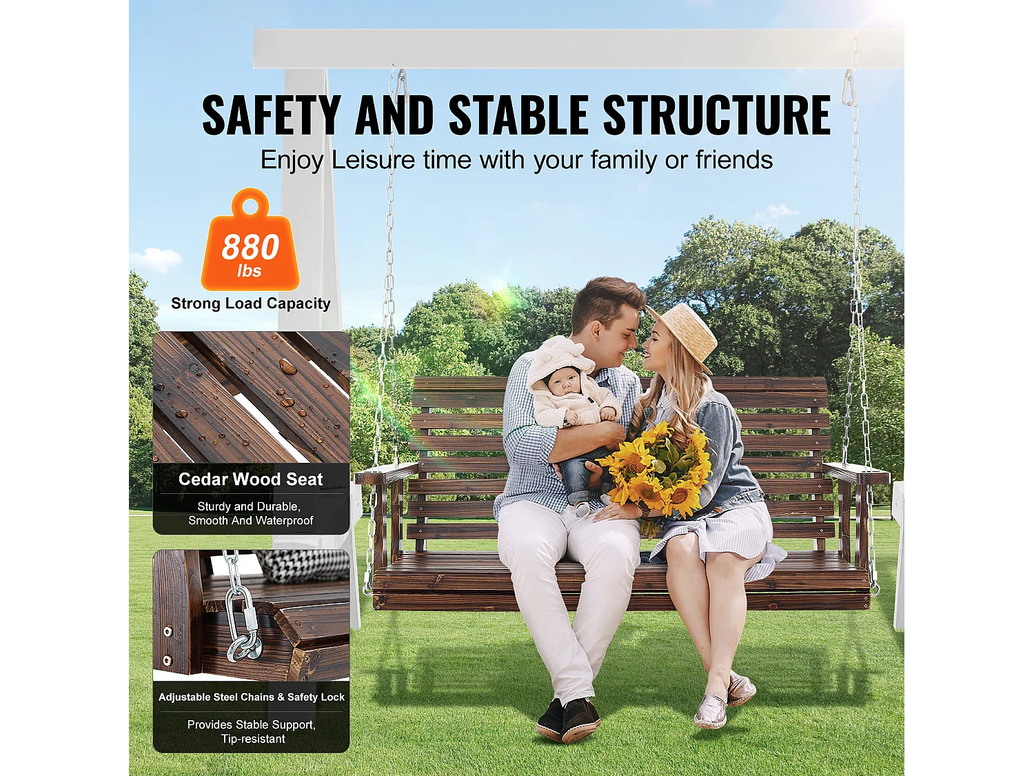 Houten Veranda Schommel SucceBuy 137,2 cm, Tuinbank Schommel, Verbeterd Draagvermogen van 399 kg, Gecarboniseerd Bruin