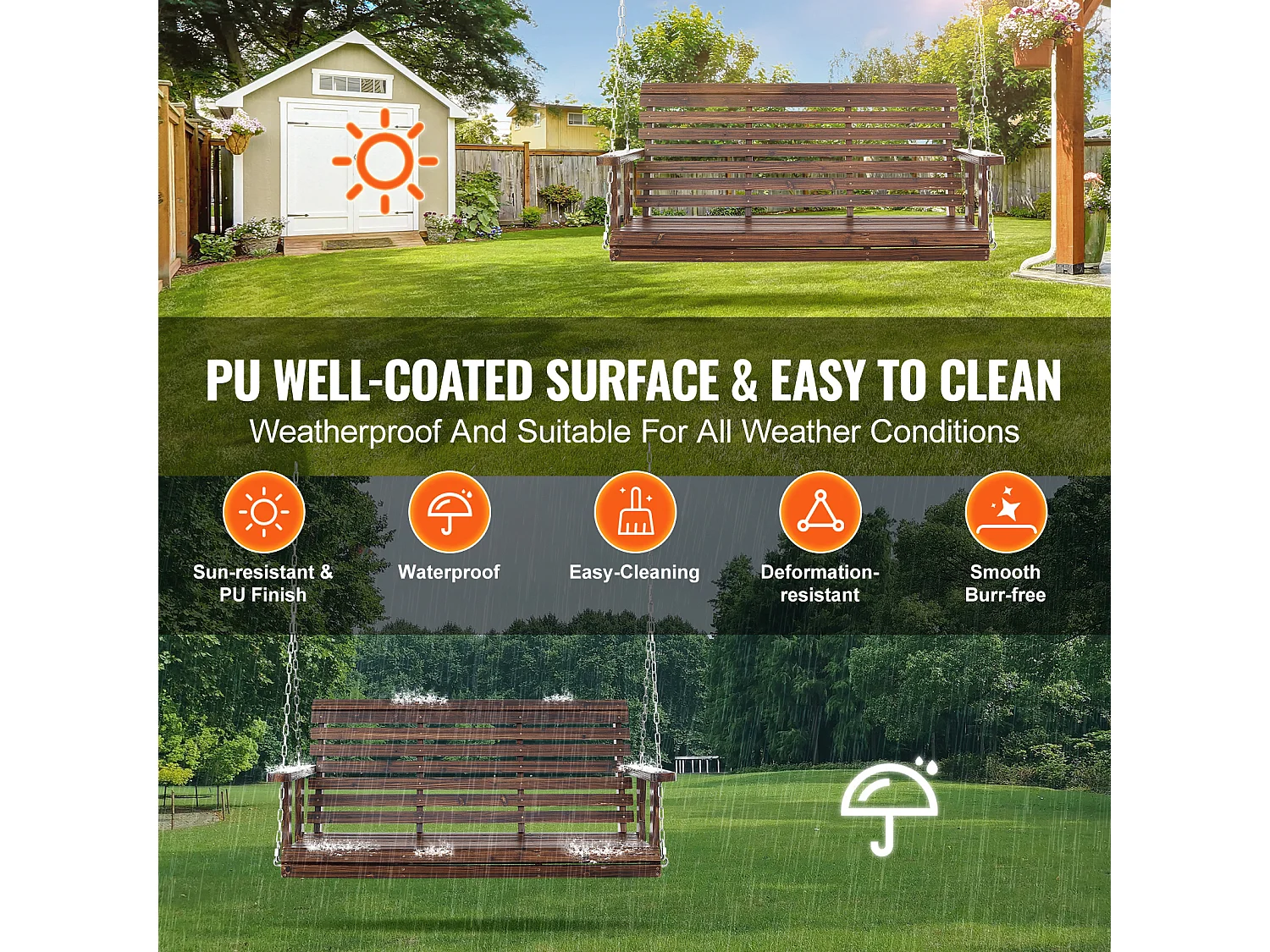 Houten Veranda Schommel SucceBuy 137,2 cm, Tuinbank Schommel, Verbeterd Draagvermogen van 399 kg, Gecarboniseerd Bruin