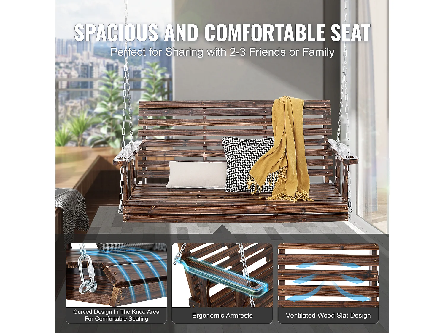 Houten Veranda Schommel SucceBuy 137,2 cm, Tuinbank Schommel, Verbeterd Draagvermogen van 399 kg, Gecarboniseerd Bruin