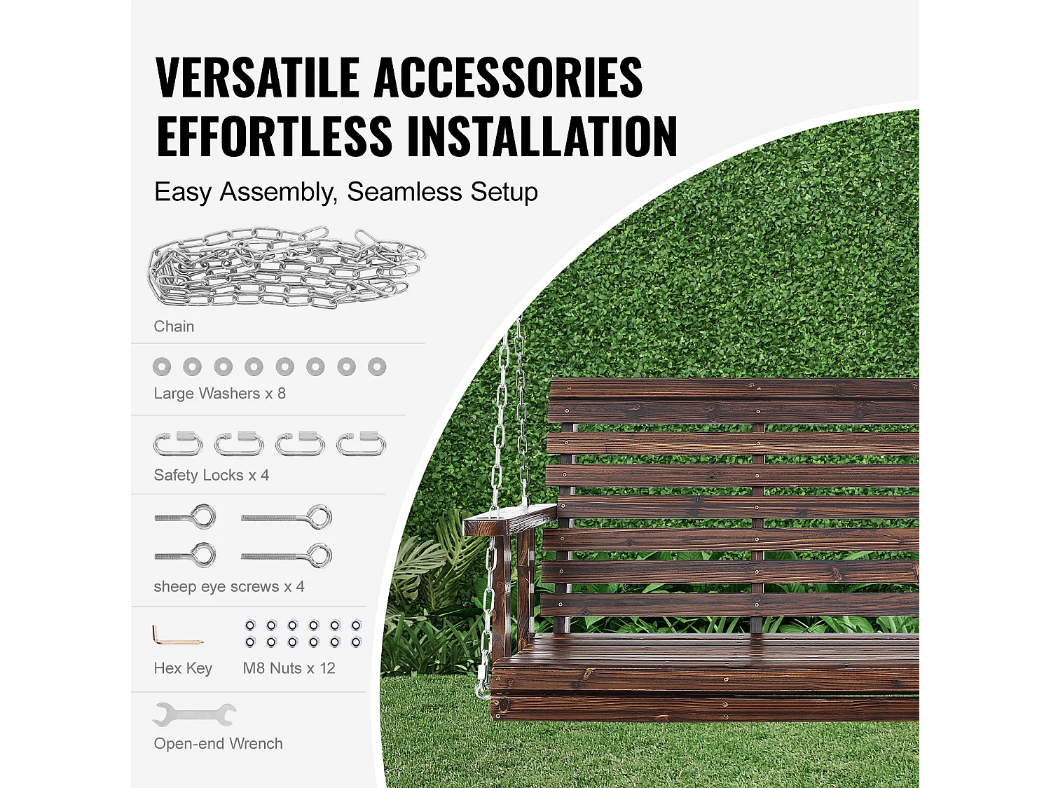 Houten Veranda Schommel SucceBuy 137,2 cm, Tuinbank Schommel, Verbeterd Draagvermogen van 399 kg, Gecarboniseerd Bruin