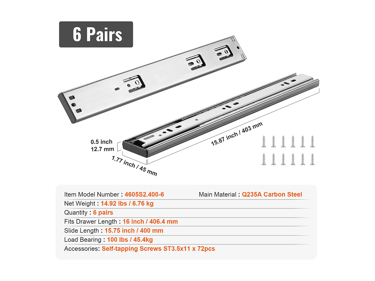 Guías de Cajón SucceBuy 406.4 mm 6 Pares con Rodamientos de Bolas, Extensión Completa de 45 kg