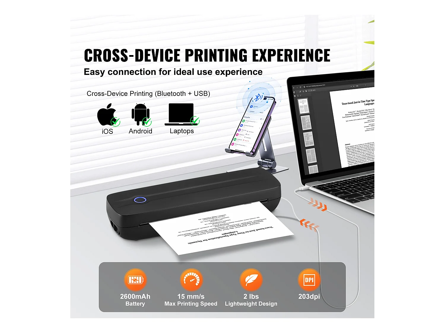 Impresora Térmica Inalámbrica SucceBuy, Impresora Bluetooth sin Tinta de 2600 mAh para la Oficina y los Viajes