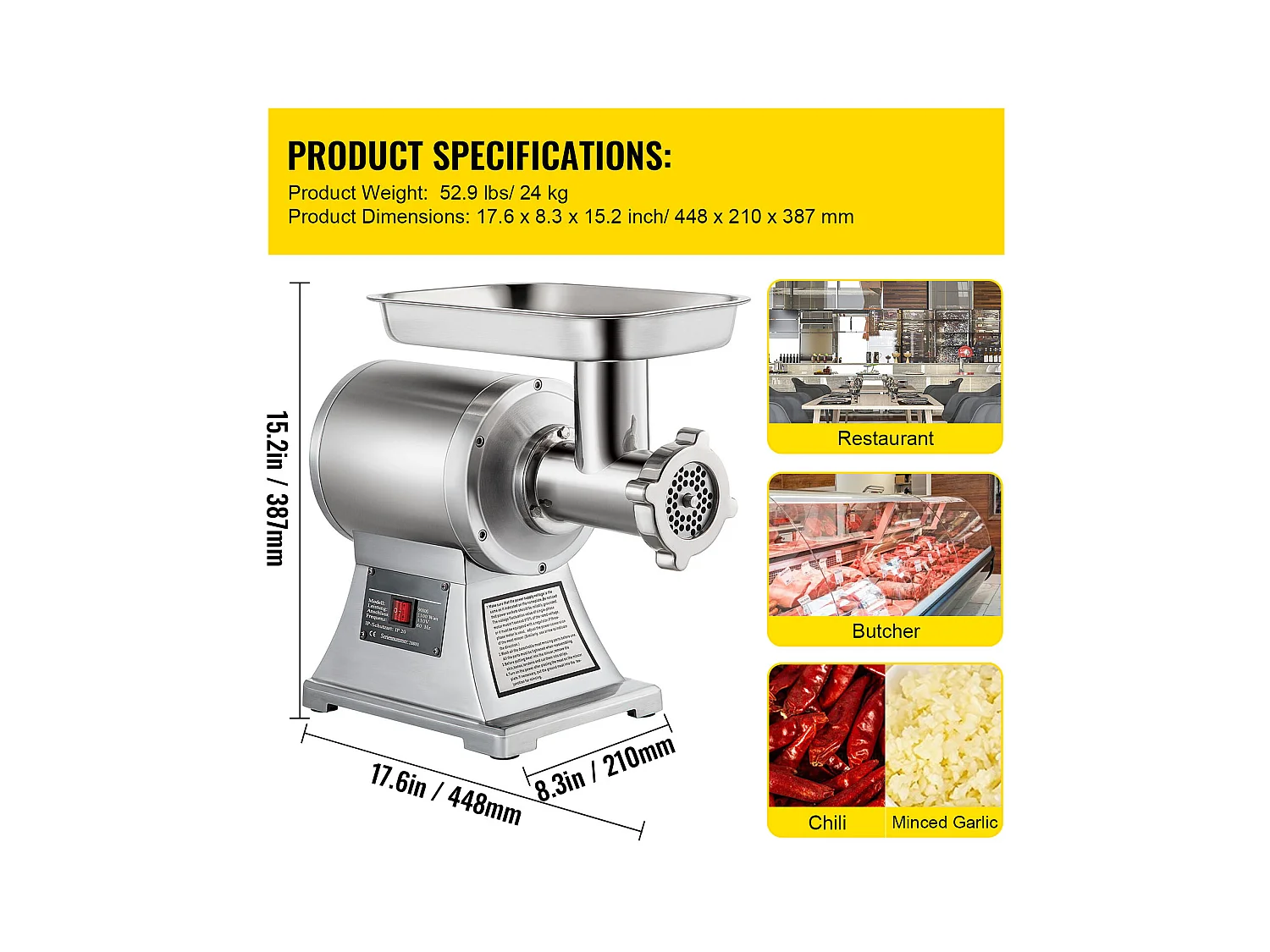 Hachoir à Viande SucceBuy Commercial 1100W, Acier Inoxydable, Capacité 204KG, Plaque de Lame de Coupe, Farceur de Saucisses