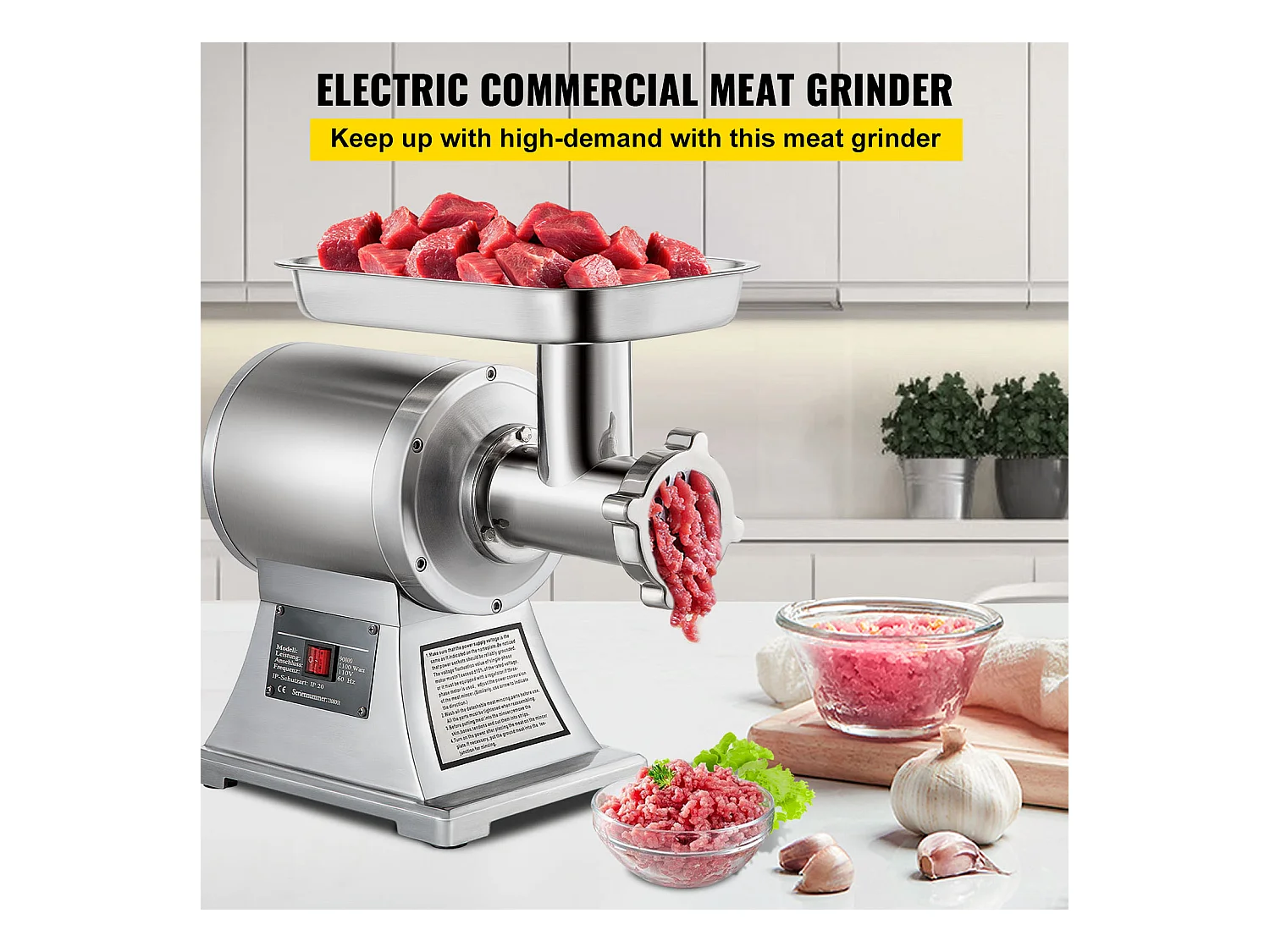 Hachoir à Viande SucceBuy Commercial 1100W, Acier Inoxydable, Capacité 204KG, Plaque de Lame de Coupe, Farceur de Saucisses