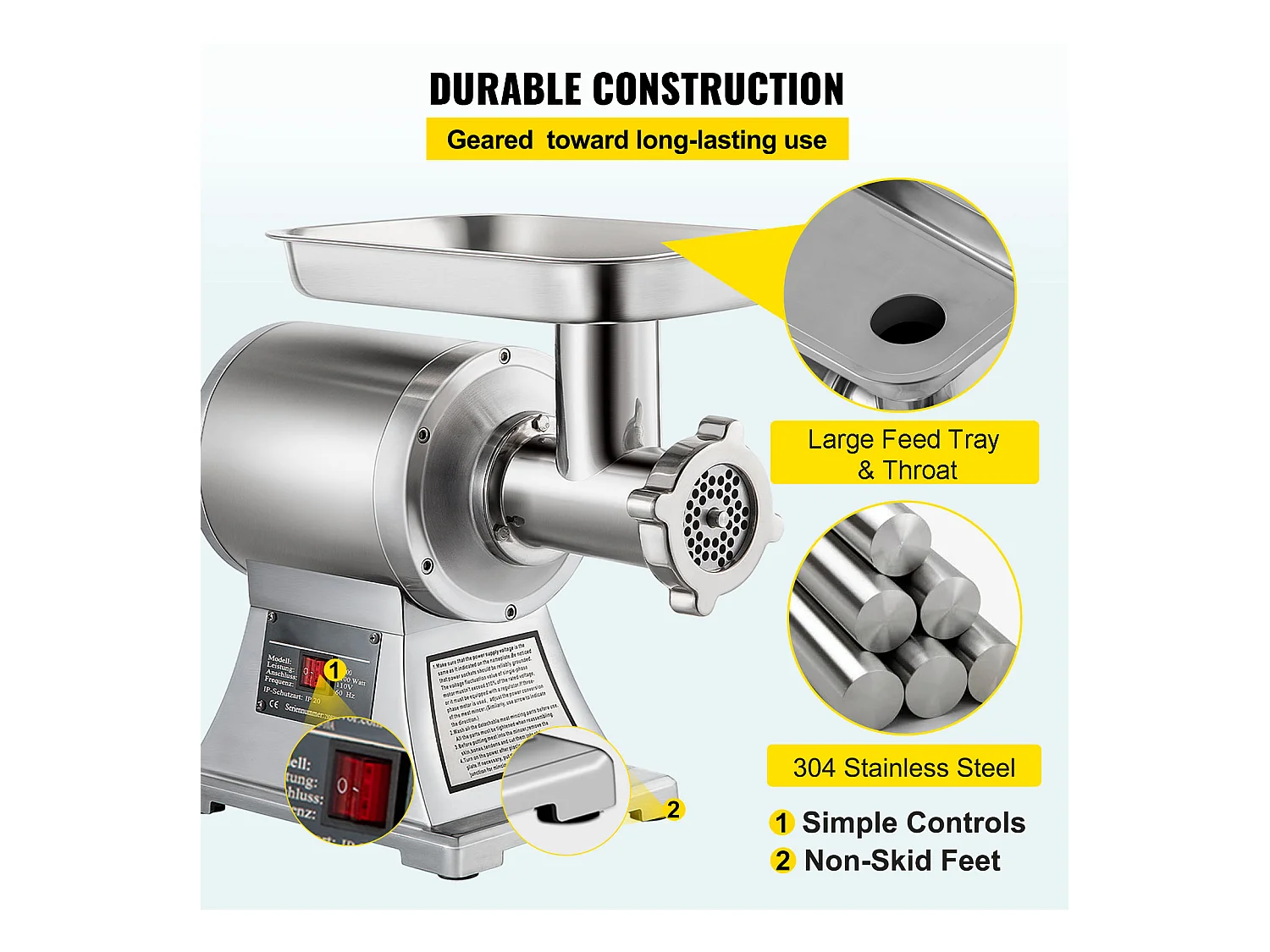 Hachoir à Viande SucceBuy Commercial 1100W, Acier Inoxydable, Capacité 204KG, Plaque de Lame de Coupe, Farceur de Saucisses