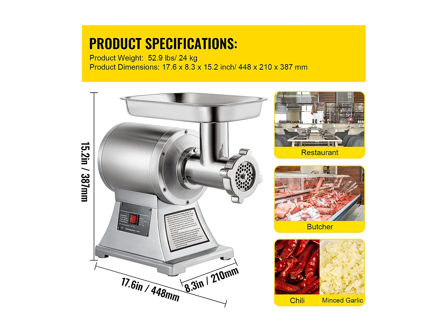 Hachoir à Viande SucceBuy Commercial 1100W, Acier Inoxydable, Capacité 204KG, Plaque de Lame de Coupe, Farceur de Saucisses