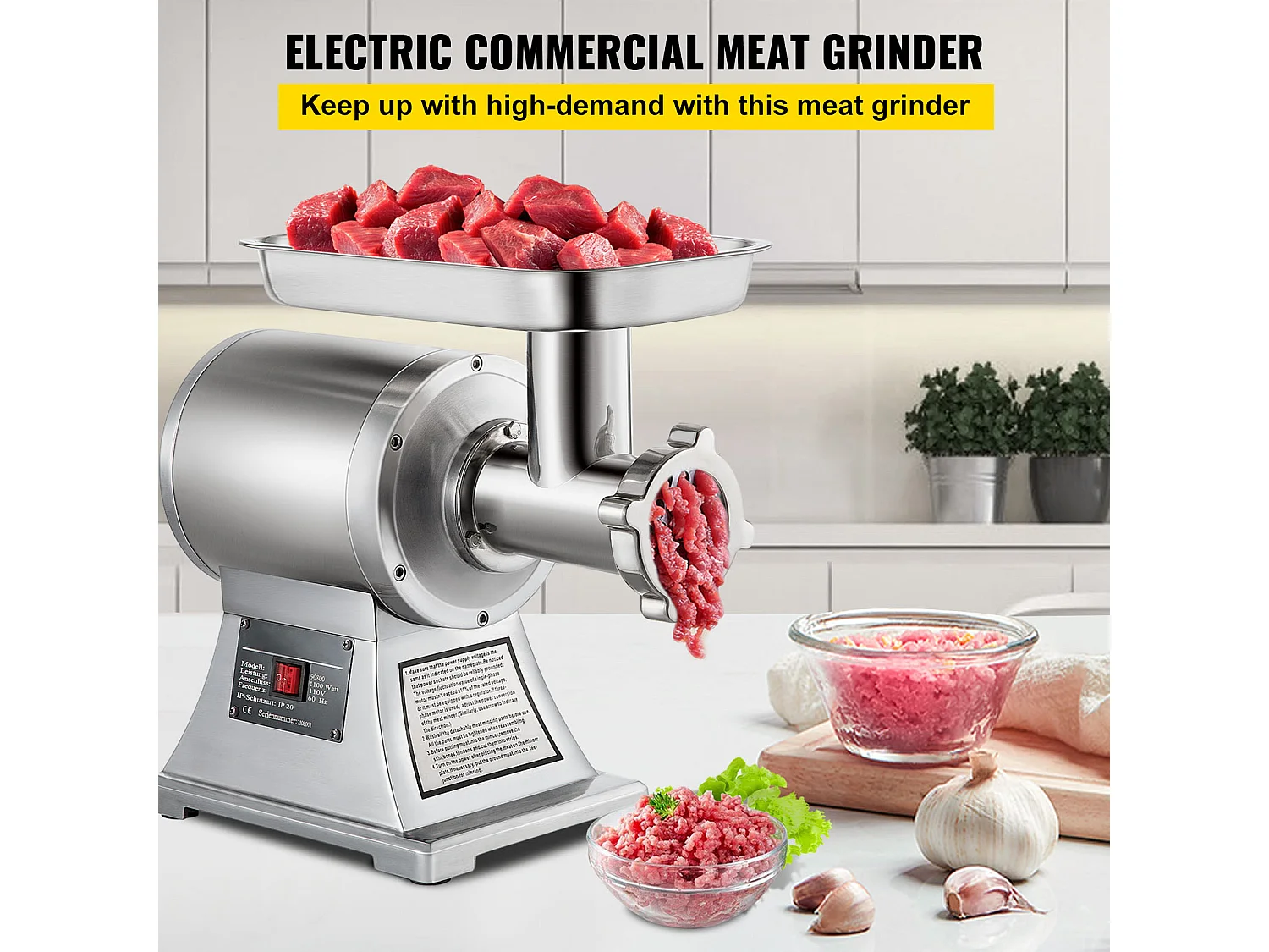 Hachoir à Viande SucceBuy Commercial 1100W, Acier Inoxydable, Capacité 204KG, Plaque de Lame de Coupe, Farceur de Saucisses