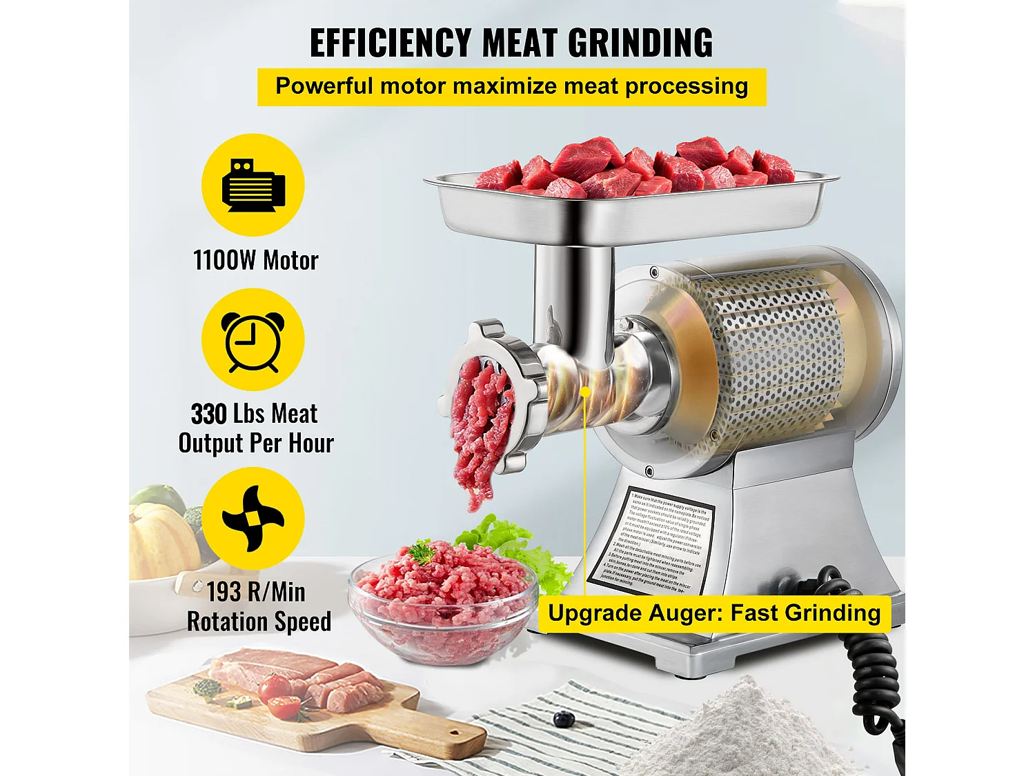 Hachoir à Viande SucceBuy Commercial 1100W, Acier Inoxydable, Capacité 204KG, Plaque de Lame de Coupe, Farceur de Saucisses