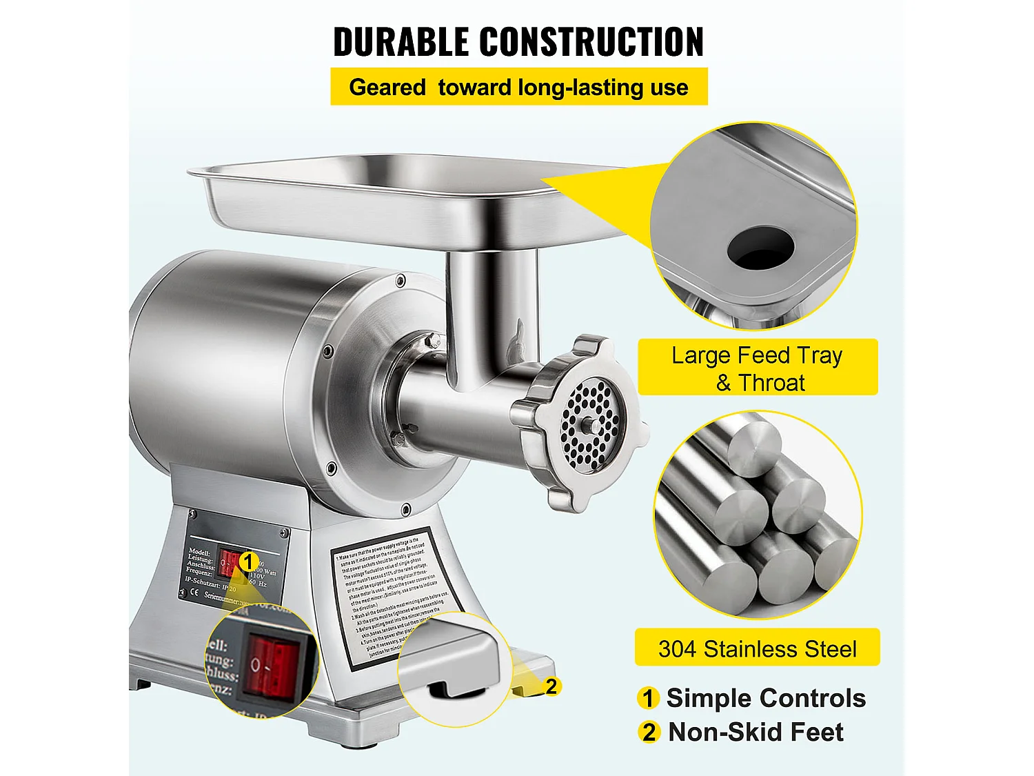 Hachoir à Viande SucceBuy Commercial 1100W, Acier Inoxydable, Capacité 204KG, Plaque de Lame de Coupe, Farceur de Saucisses