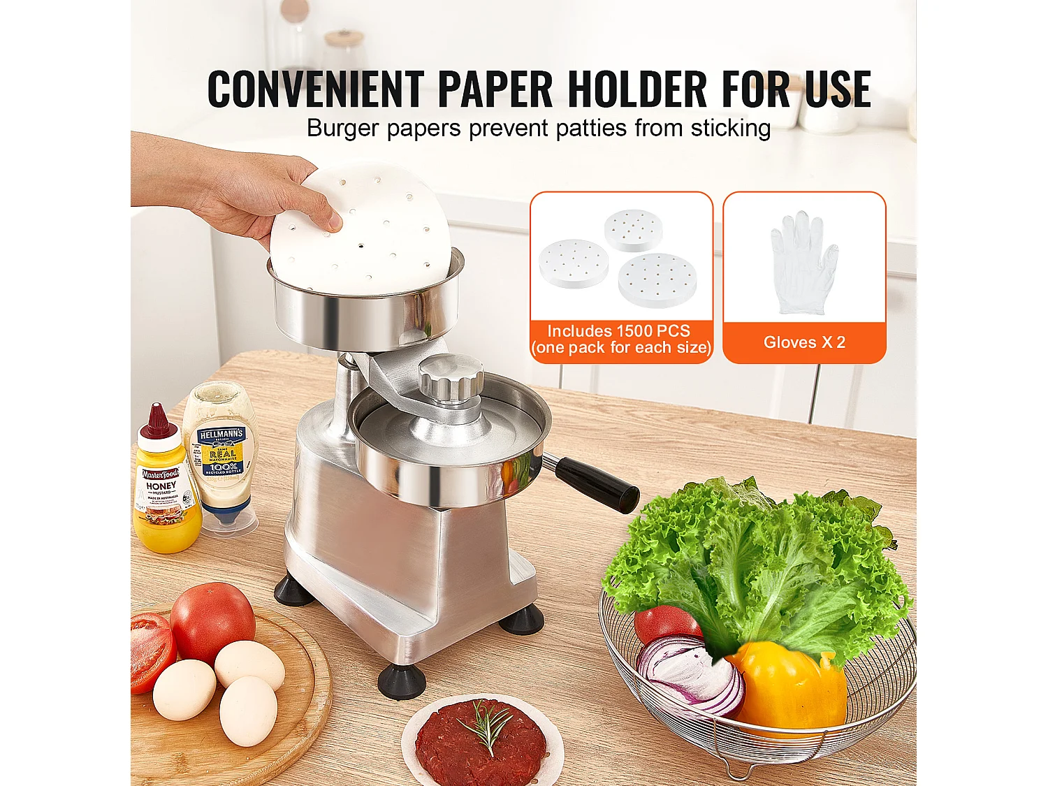 Hamburgerpers SucceBuy, Commerciële Machine voor Hamburgerfrikandellen, met 3 verwisselbare Matrices (10/13/15 cm)