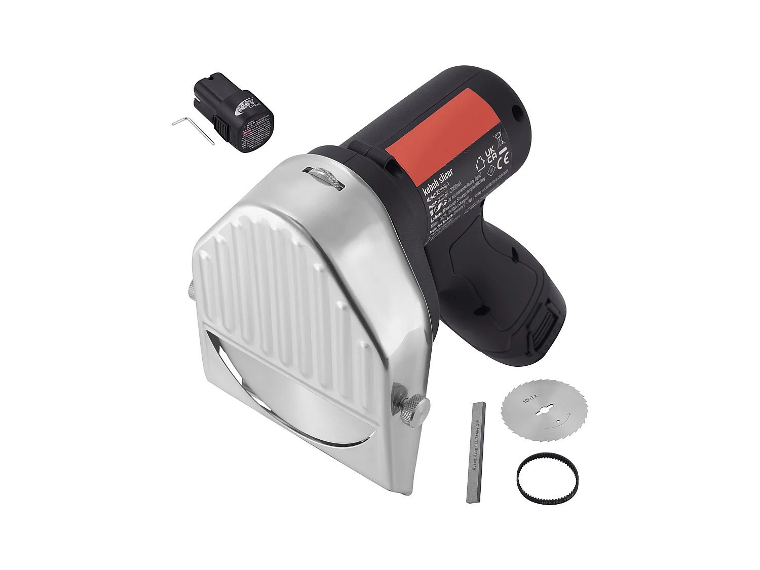 Elektrisches Shawarma-Messer SucceBuy, 80 W Kabelloser Akku, Professioneller Türkischer Gyro-Schneider, Edelstahl, 2 Klingen, für Kommerzielle Nutzung