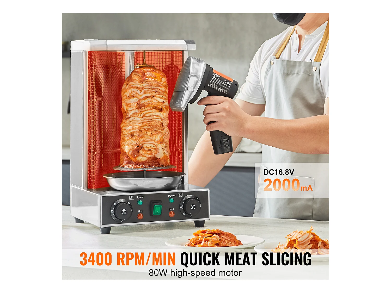 Elektrisches Shawarma-Messer SucceBuy, 80 W Kabelloser Akku, Professioneller Türkischer Gyro-Schneider, Edelstahl, 2 Klingen, für Kommerzielle Nutzung