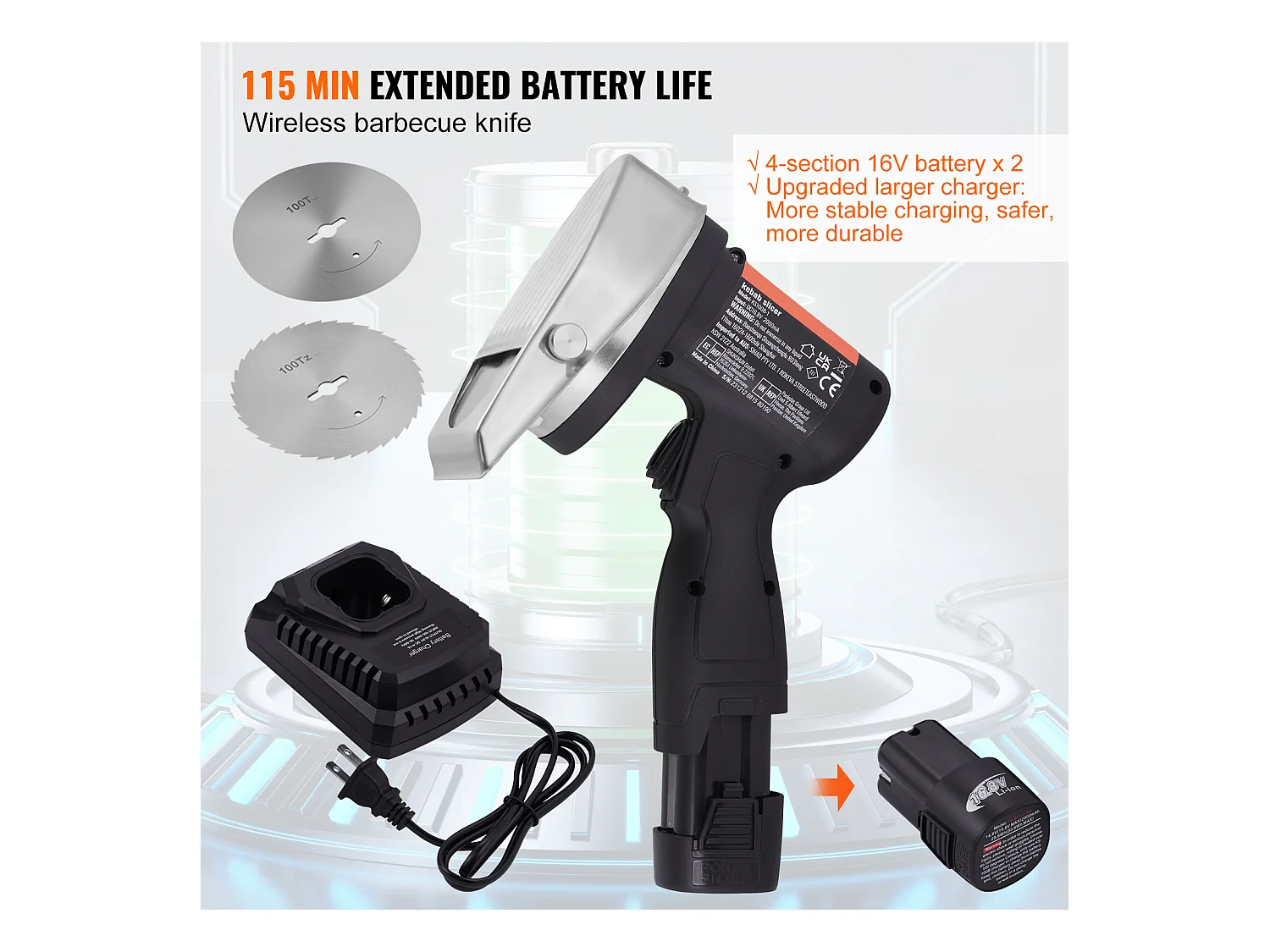 Elektrisches Shawarma-Messer SucceBuy, 80 W Kabelloser Akku, Professioneller Türkischer Gyro-Schneider, Edelstahl, 2 Klingen, für Kommerzielle Nutzung