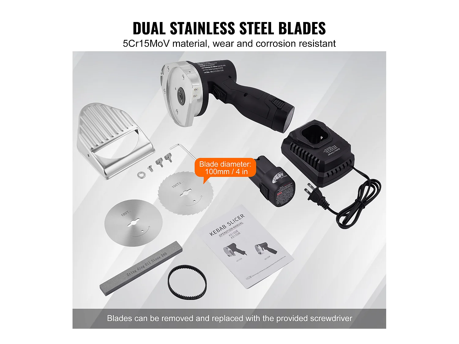 Elektrisches Shawarma-Messer SucceBuy, 80 W Kabelloser Akku, Professioneller Türkischer Gyro-Schneider, Edelstahl, 2 Klingen, für Kommerzielle Nutzung