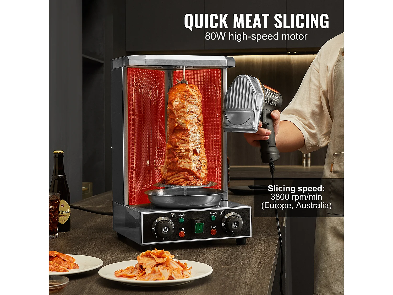 Coltello Shawarma Elettrico SucceBuy, Coltello da Kebab Turco Professionale 80 W, Taglia-Giroscopio Commerciale in Acciaio Inossidabile, 2 Lame