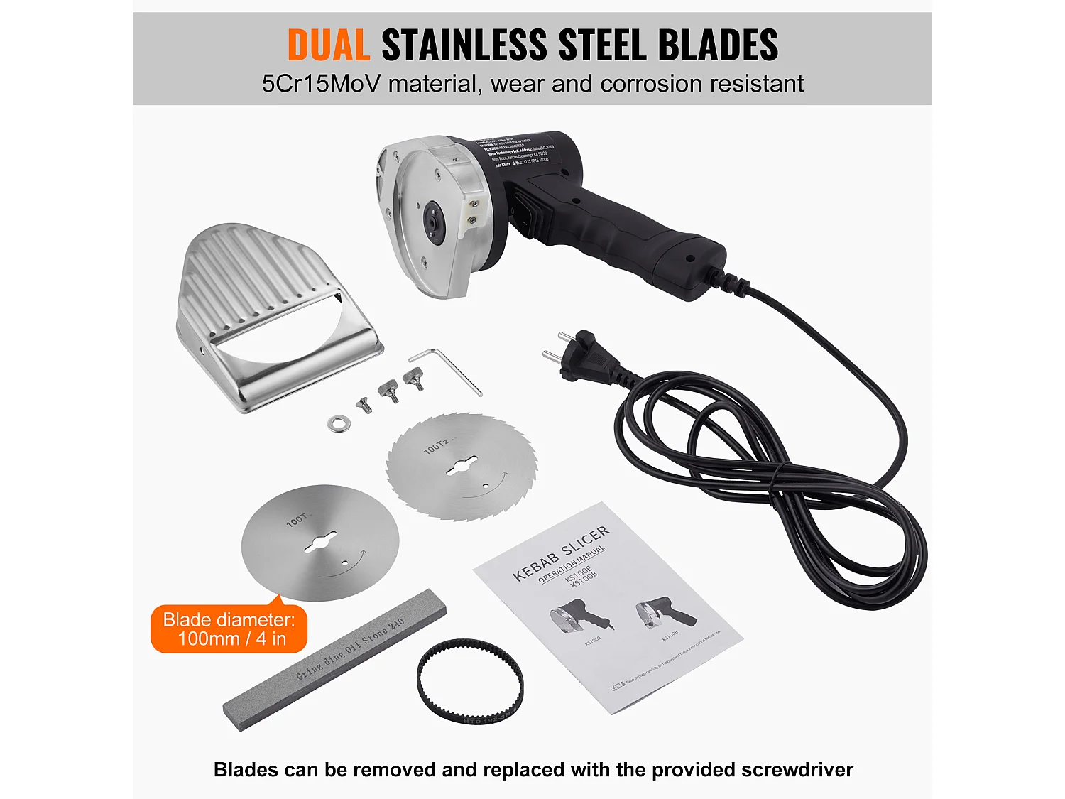 Coltello Shawarma Elettrico SucceBuy, Coltello da Kebab Turco Professionale 80 W, Taglia-Giroscopio Commerciale in Acciaio Inossidabile, 2 Lame