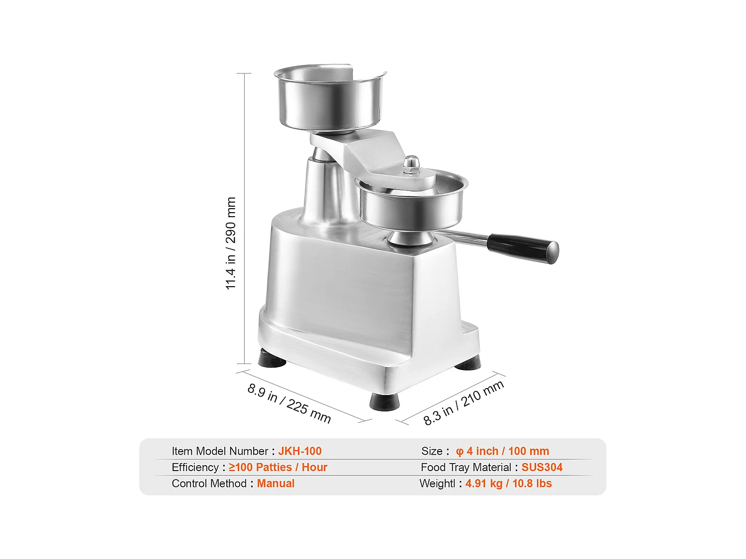 Hamburgerpers SucceBuy, Commerciële Rundvleesfrikandelpers 10 cm 110V, Commerciële Pers, RVS
