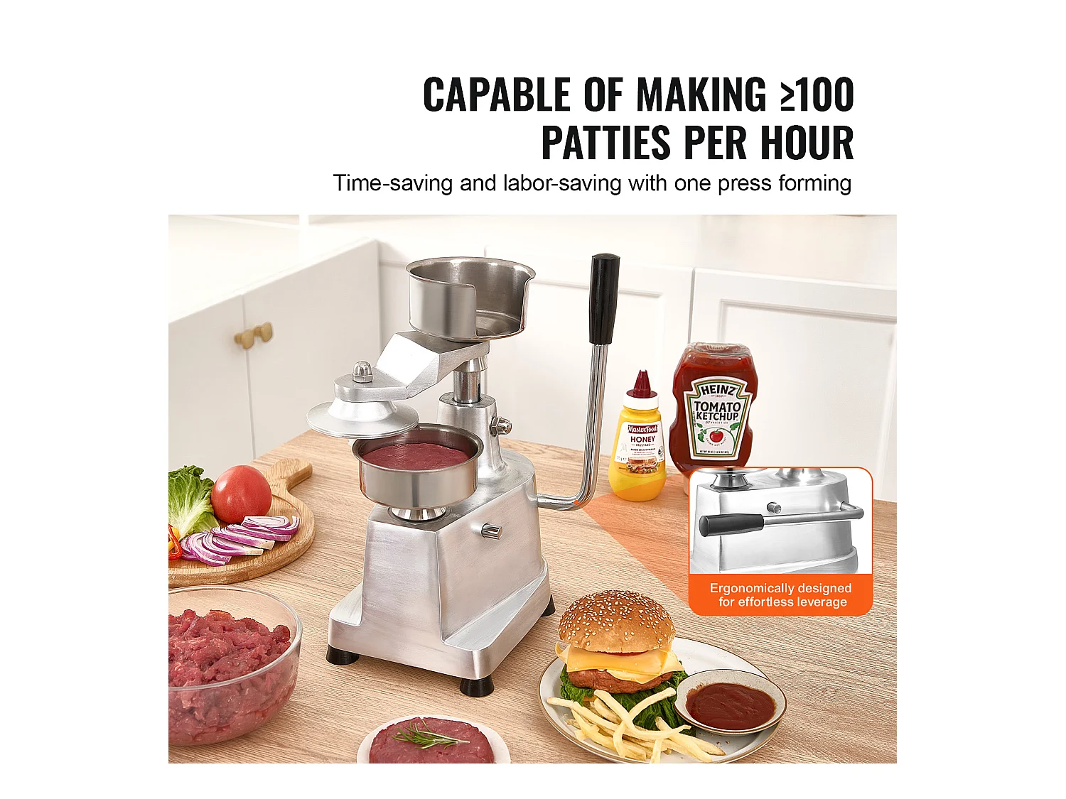 Hamburgerpers SucceBuy, Commerciële Rundvleesfrikandelpers 10 cm 110V, Commerciële Pers, RVS