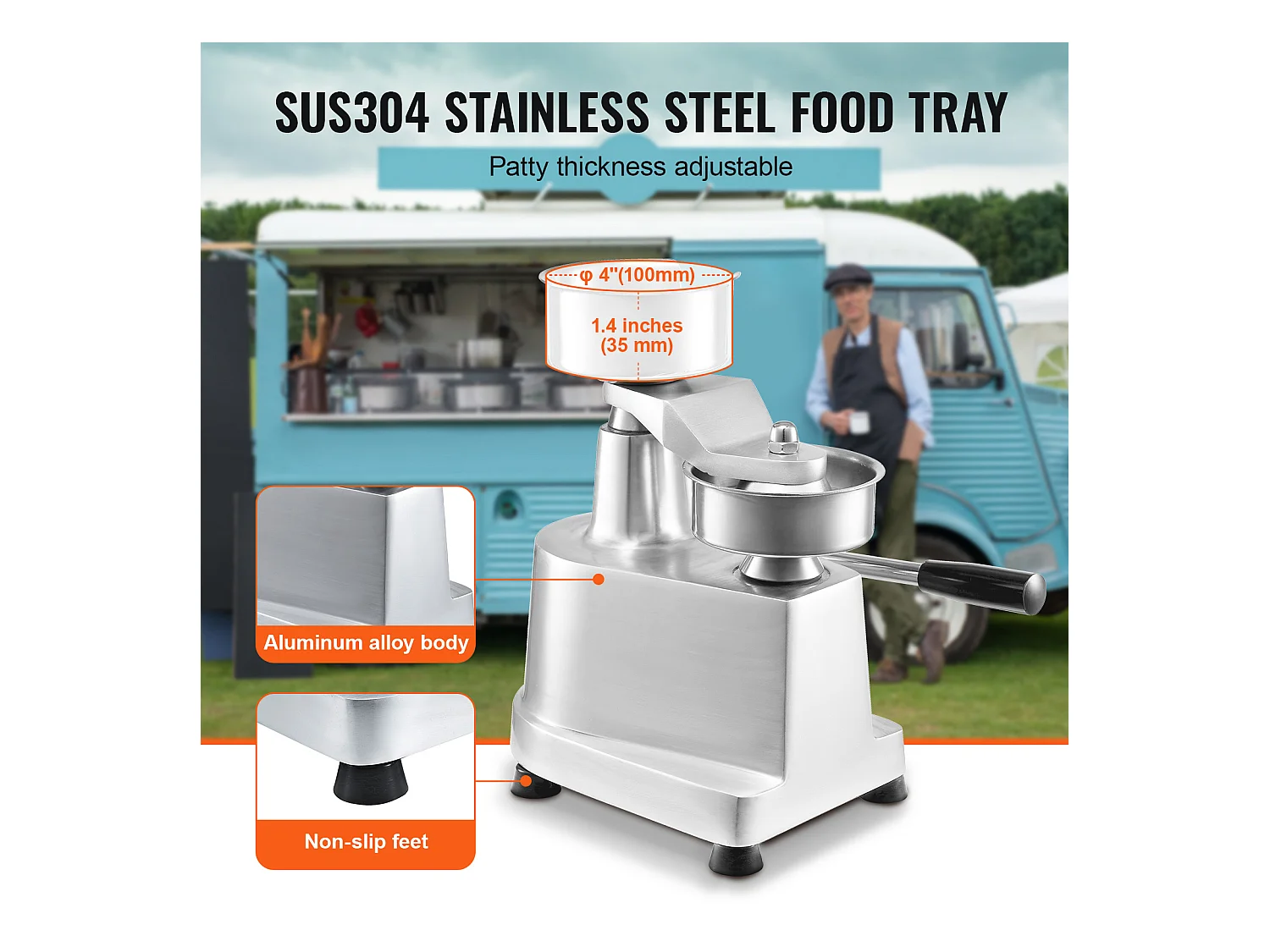 Hamburgerpers SucceBuy, Commerciële Rundvleesfrikandelpers 10 cm 110V, Commerciële Pers, RVS