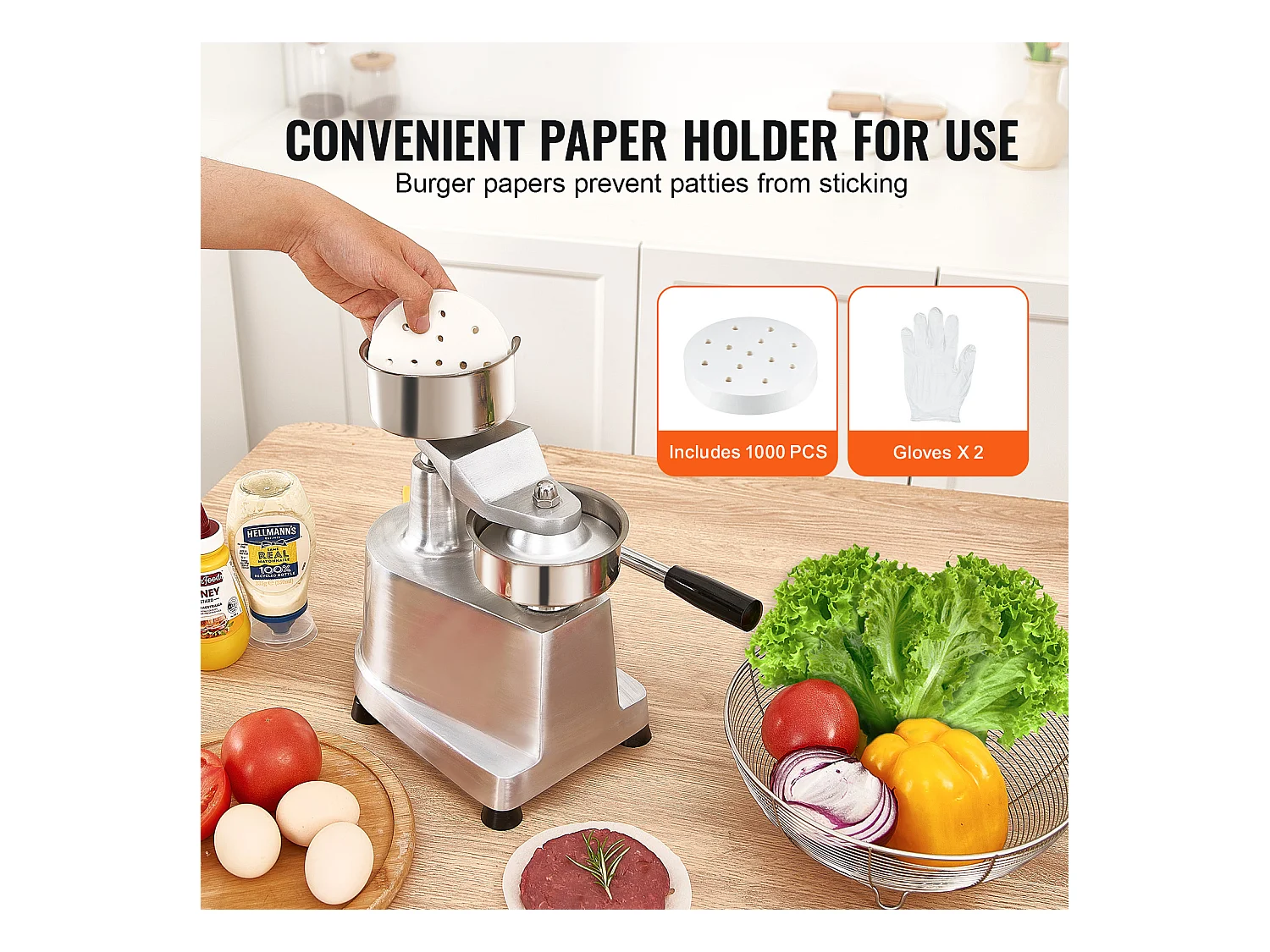 Hamburgerpers SucceBuy, Commerciële Rundvleesfrikandelpers 10 cm 110V, Commerciële Pers, RVS