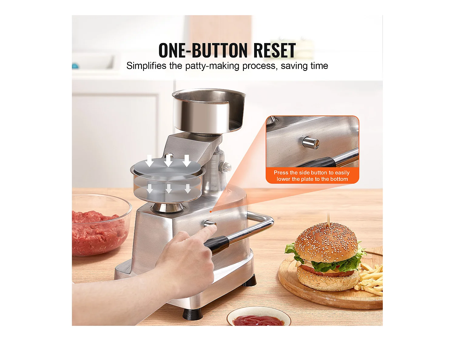 Hamburgerpers SucceBuy, Commerciële Rundvleesfrikandelpers 10 cm 110V, Commerciële Pers, RVS