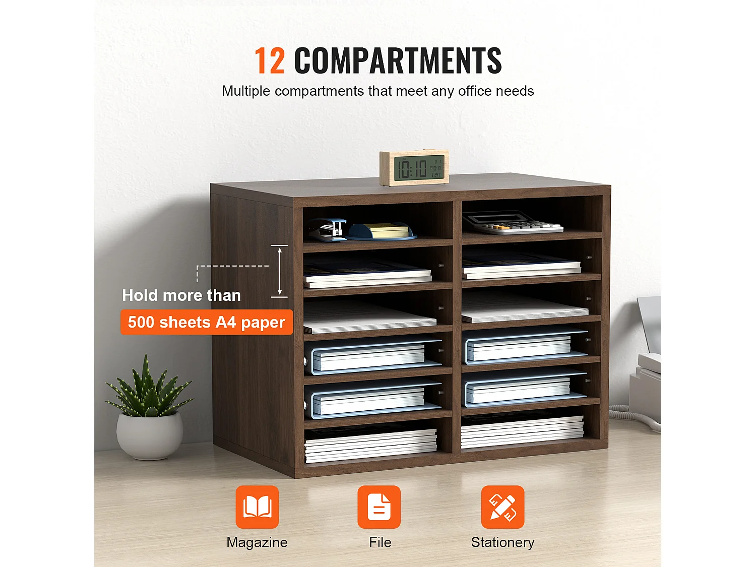 Organiseur de Bureau, SucceBuy Organiseur de Documents en Bois, Trieur de Dossiers Réglable, 12 Compartiments, Marron