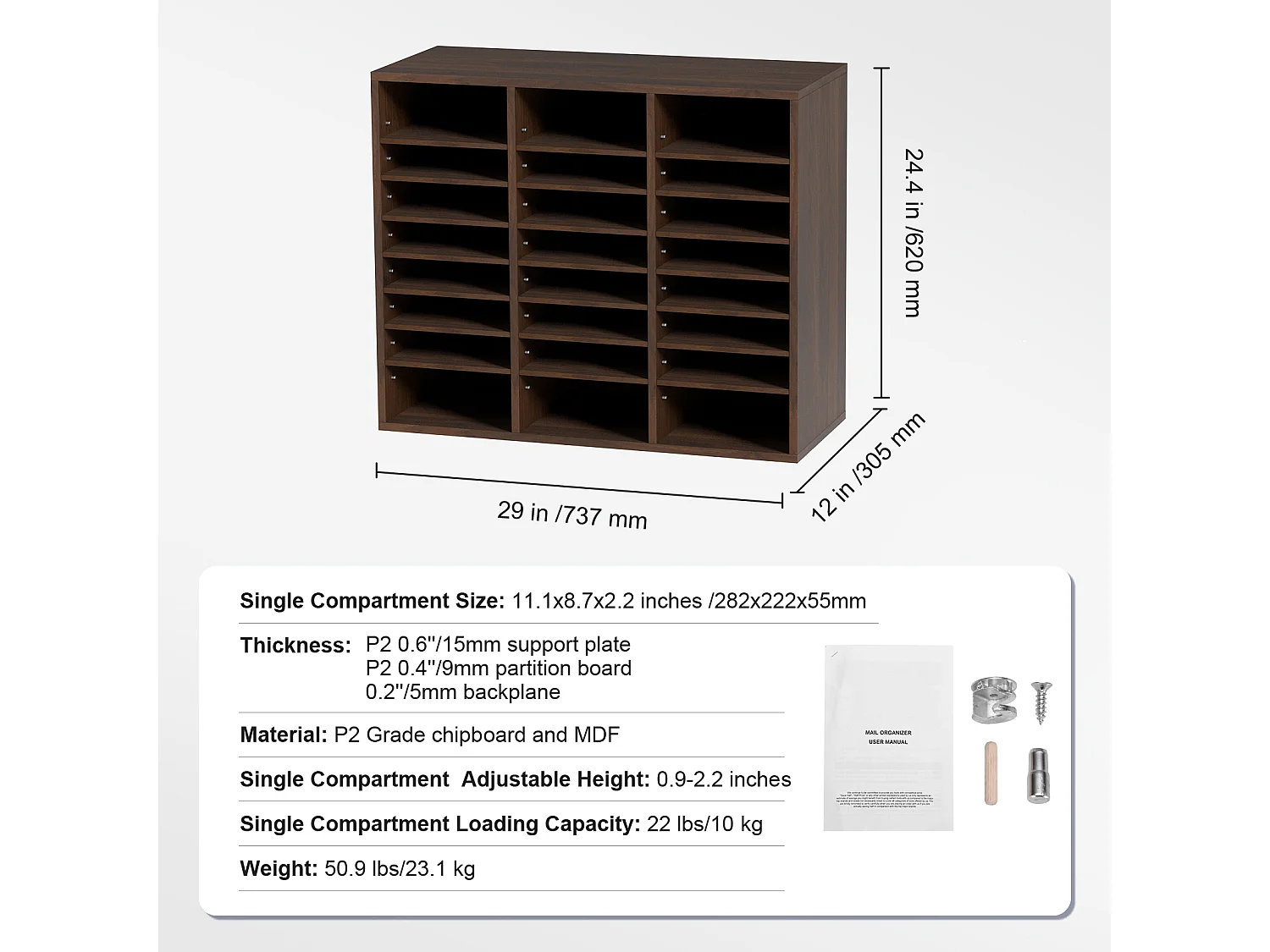 Organiseur de Bureau, SucceBuy Organiseur de Documents Réglable en Bois, Trieur de Dossiers à 24 Compartiments, Marron