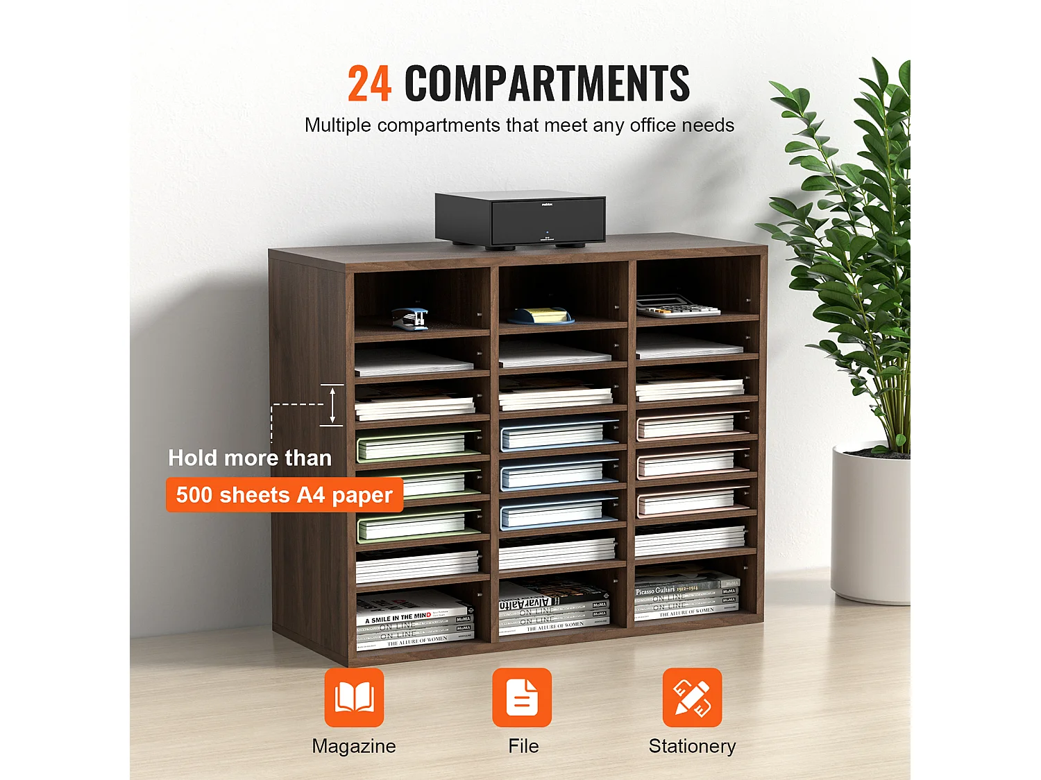 Organiseur de Bureau, SucceBuy Organiseur de Documents Réglable en Bois, Trieur de Dossiers à 24 Compartiments, Marron