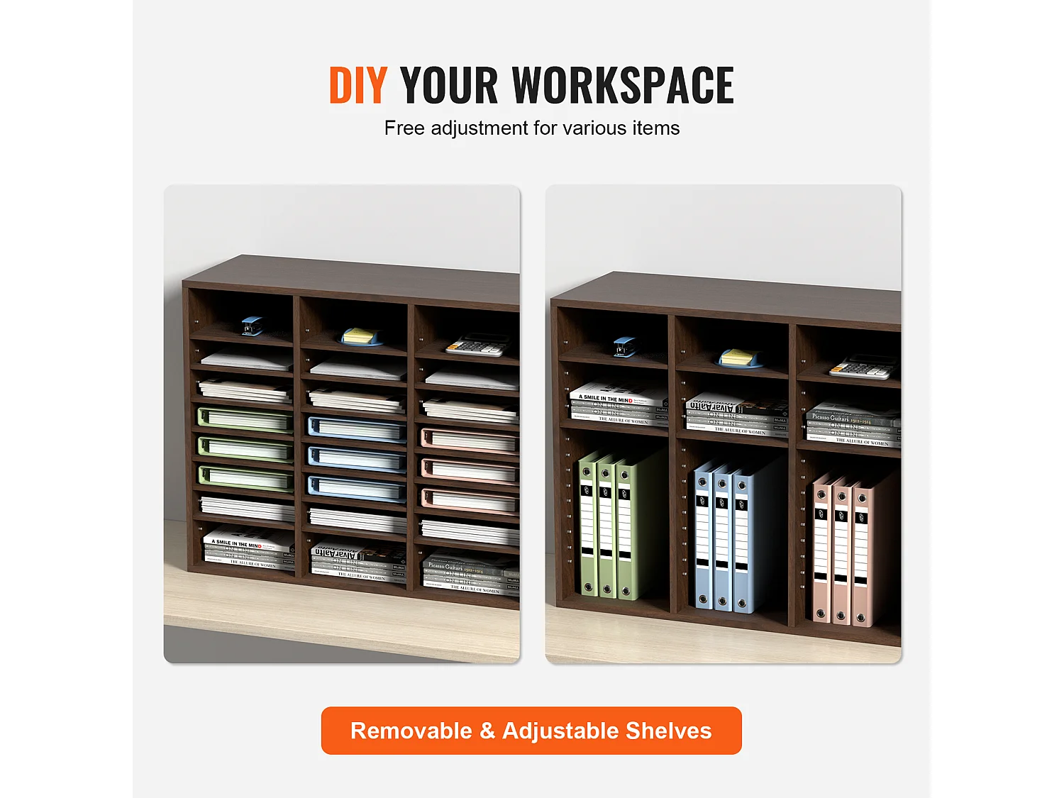 Organiseur de Bureau, SucceBuy Organiseur de Documents Réglable en Bois, Trieur de Dossiers à 24 Compartiments, Marron