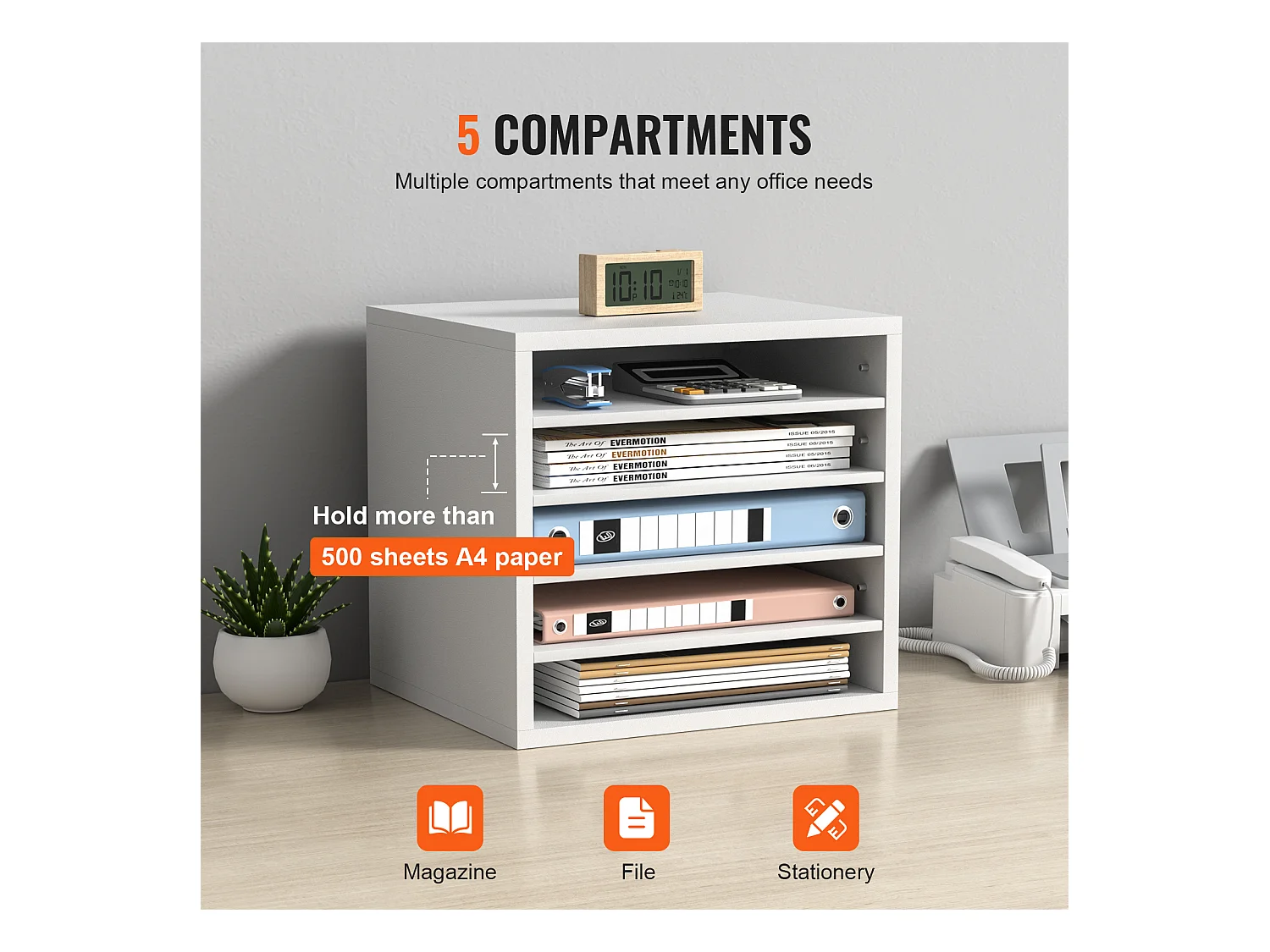 Organizador de Escritorio SucceBuy de Madera para Documentos, Clasificador de Archivos, 5 Compartimentos Ajustables, Color Blanco