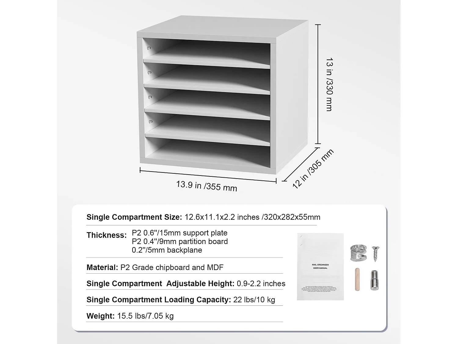 Organizador de Secretária, SucceBuy Organizador de Documentos em Madeira, Classificador de Arquivo, 5 Compartimentos Ajustáveis, Branco