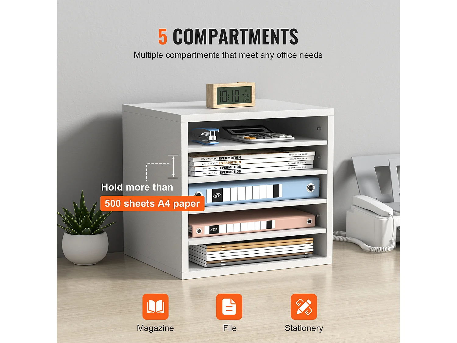 Organizador de Secretária, SucceBuy Organizador de Documentos em Madeira, Classificador de Arquivo, 5 Compartimentos Ajustáveis, Branco