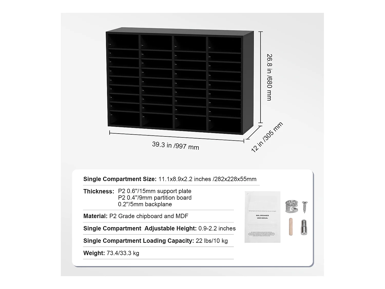 Organiseur de Bureau, SucceBuy Organiseur de Documents en Bois, 36 Compartiments, Trieur de Dossiers Réglable, Noir